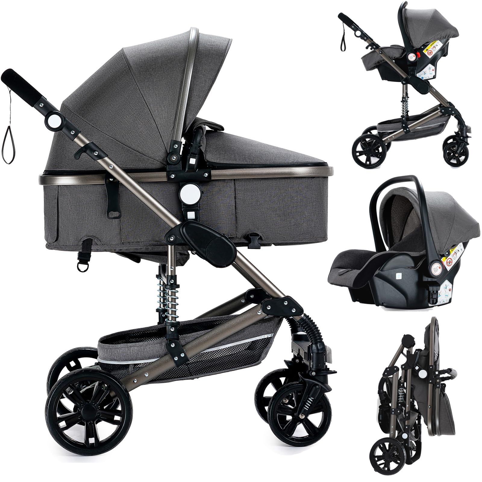 Poussette 3 en 1 Cadre Alliage d'aluminium Pliable Gris 739