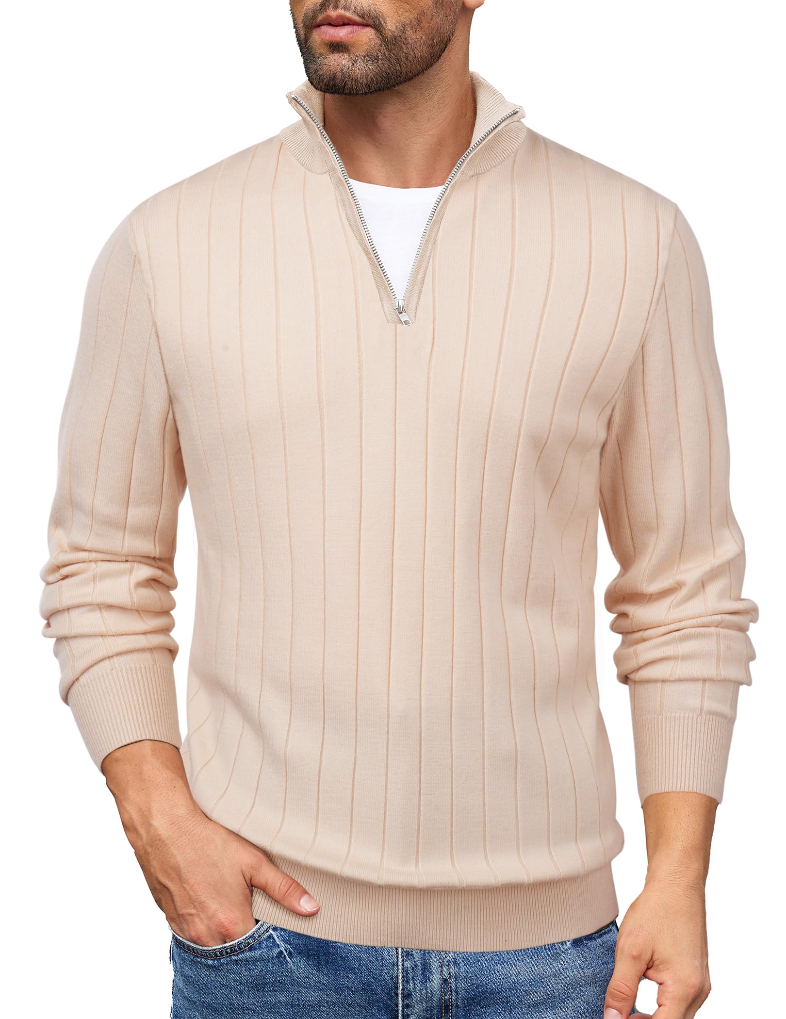 Men's Quarter Zip Sweater Casual Slim Fit Mock Neck Pullover