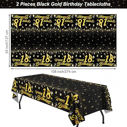 Miniatura 2 de durony Paquete de 2 manteles de plástico para cumpleaños n 18 color negro dorado impermeable rectangular para fiestas en interiores o exteriores