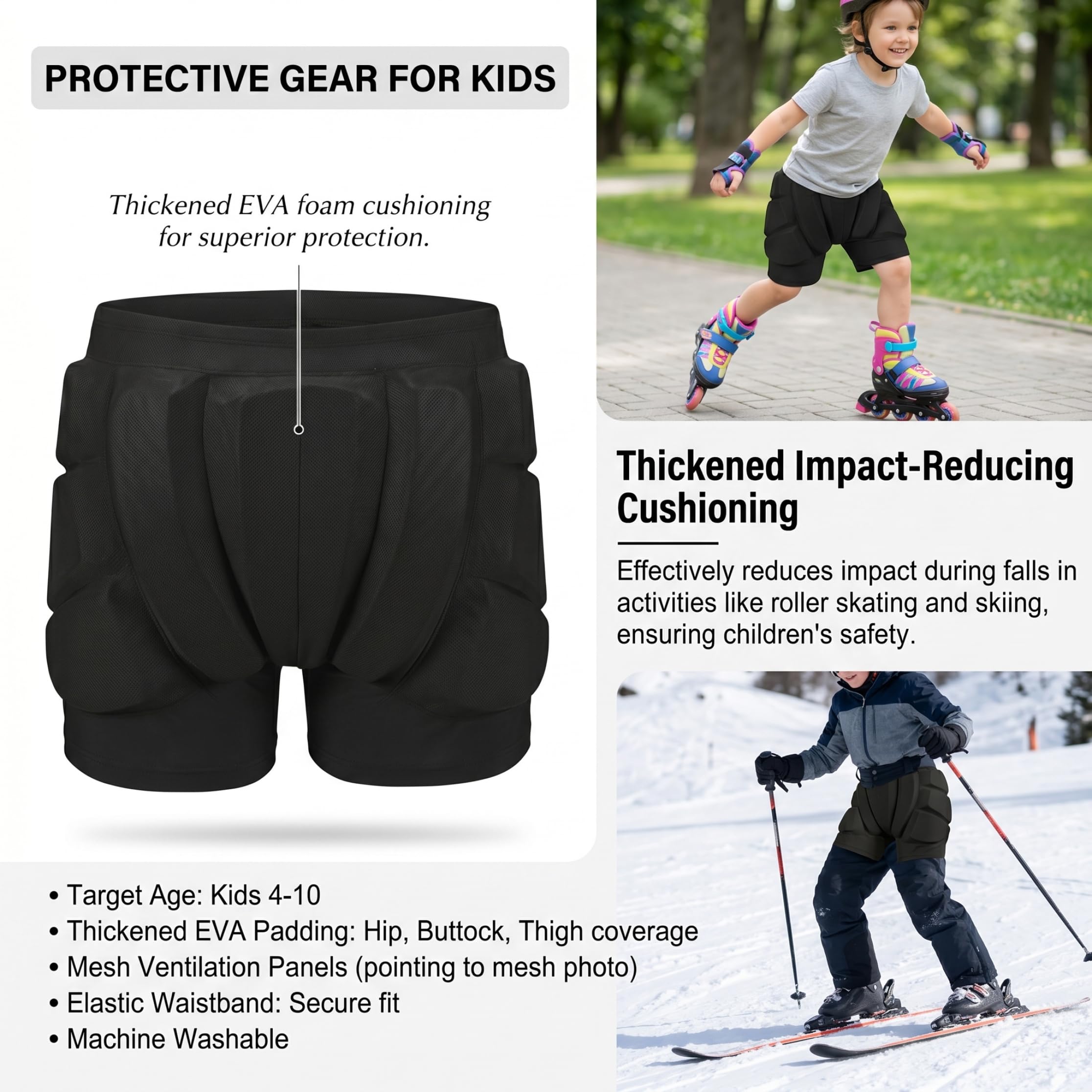 Almohadillas acolchadas para patinaje, pantalones cortos acolchados para patinaje, acolchado que absorbe los golpes, almohadilla de choque para niños, estilo clásico XS