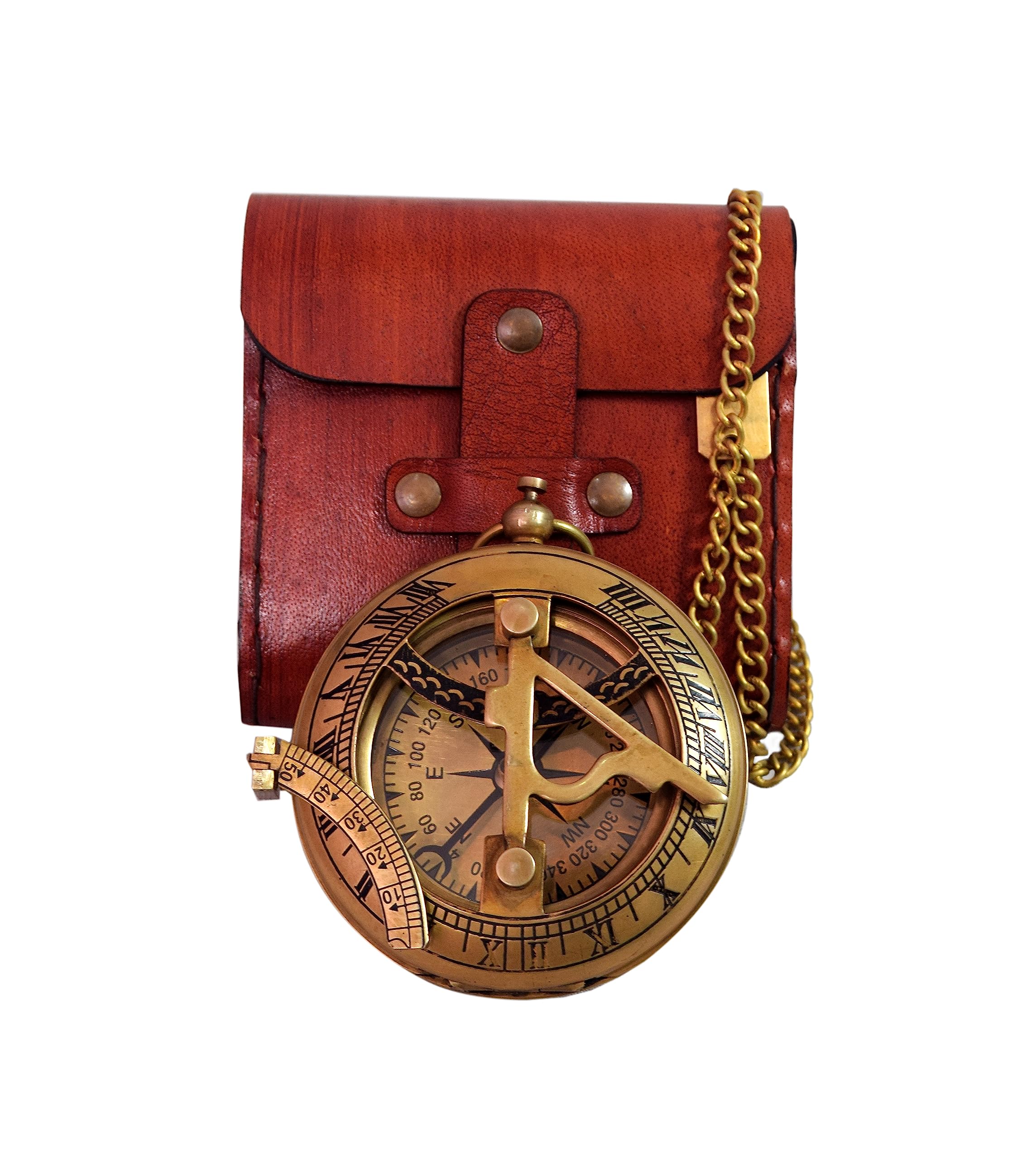Handcrafted Vintage Brass Sundial Compass – Antique Nautical Sun Clock with Leather Case – Engraved Collectible Brass Compass Gift for Men - Christmas & Holiday Collection Gift
