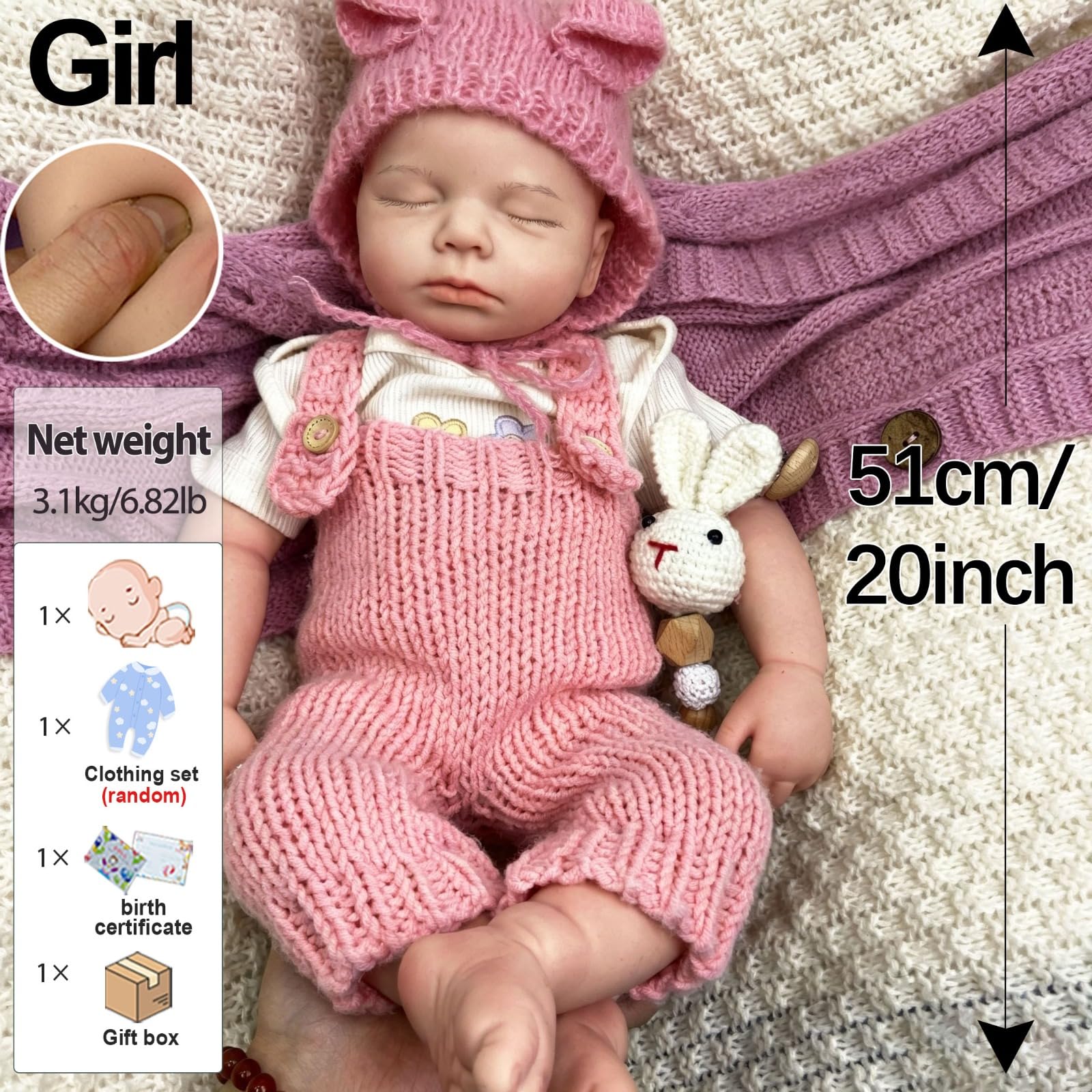 Muñeca Reborn 51 cm, Silicona Cuerpo Completo, Boca Abierta para Alimentar