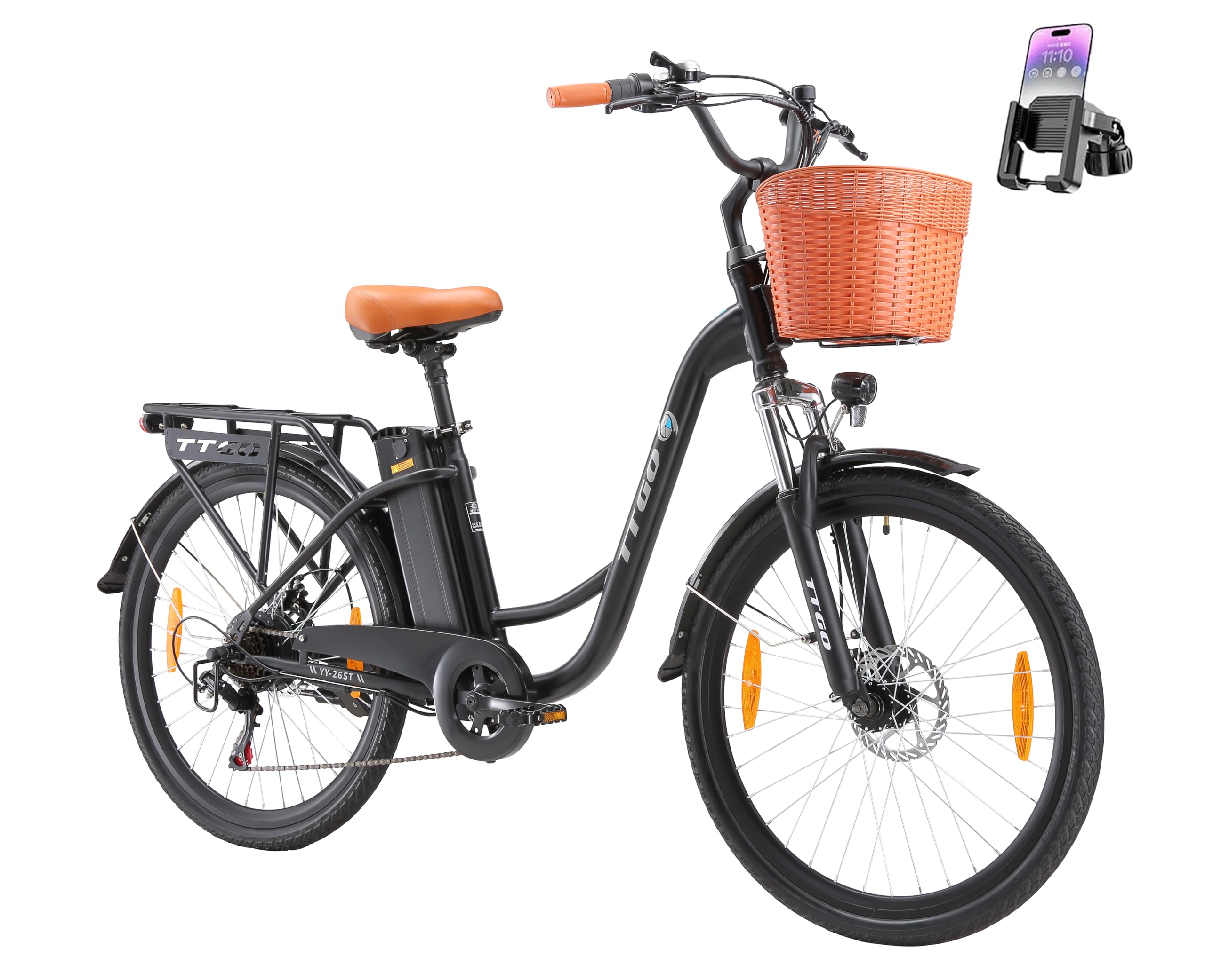 ttgo C2 Vélo électrique 26" avec panier, vélo électrique de ville pour homme et femme avec moteur 250 W 36 V 14,5 Ah, batterie amovible, 25 km/h, 6 vitesses, portée jusqu'à 100 km, vélo électrique