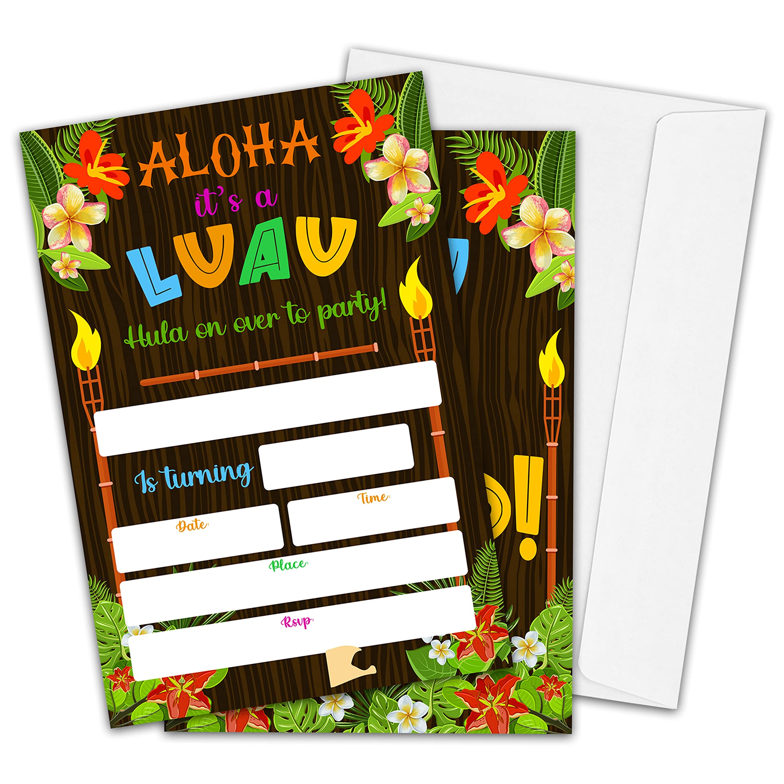 Aloha Luau Birthday Party Invitations for Boys or Girls, Tropical Birthday Parties Supplies Decorations, Hawaiian Summer Fill-in Invites, 4" x 6"