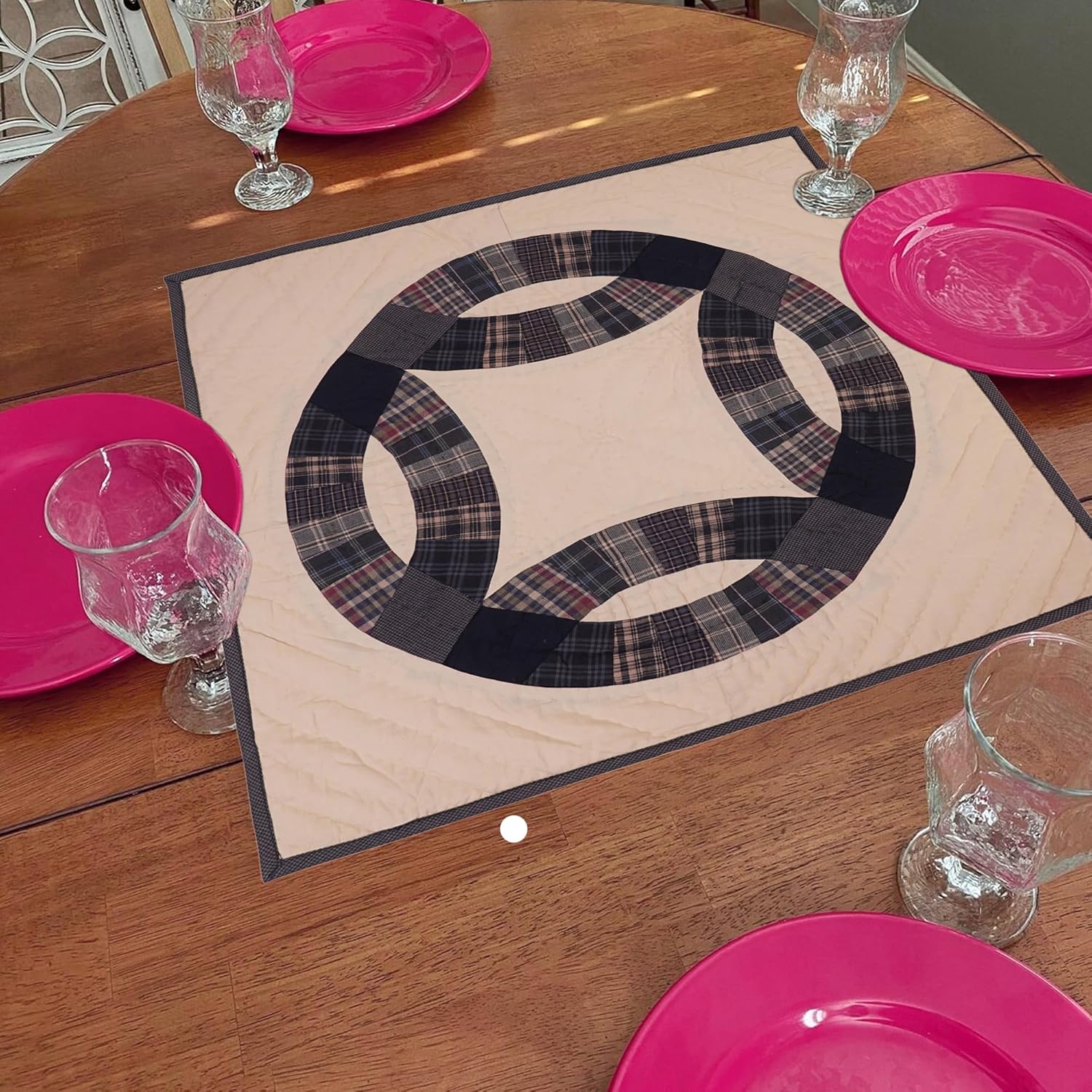 HOME HEART Wedding Ring Country Plaid Quilt 19"x19" Cotton Square Wall Hanging Block Rod Pocket Patchwork Hand Quilted Small Quilt