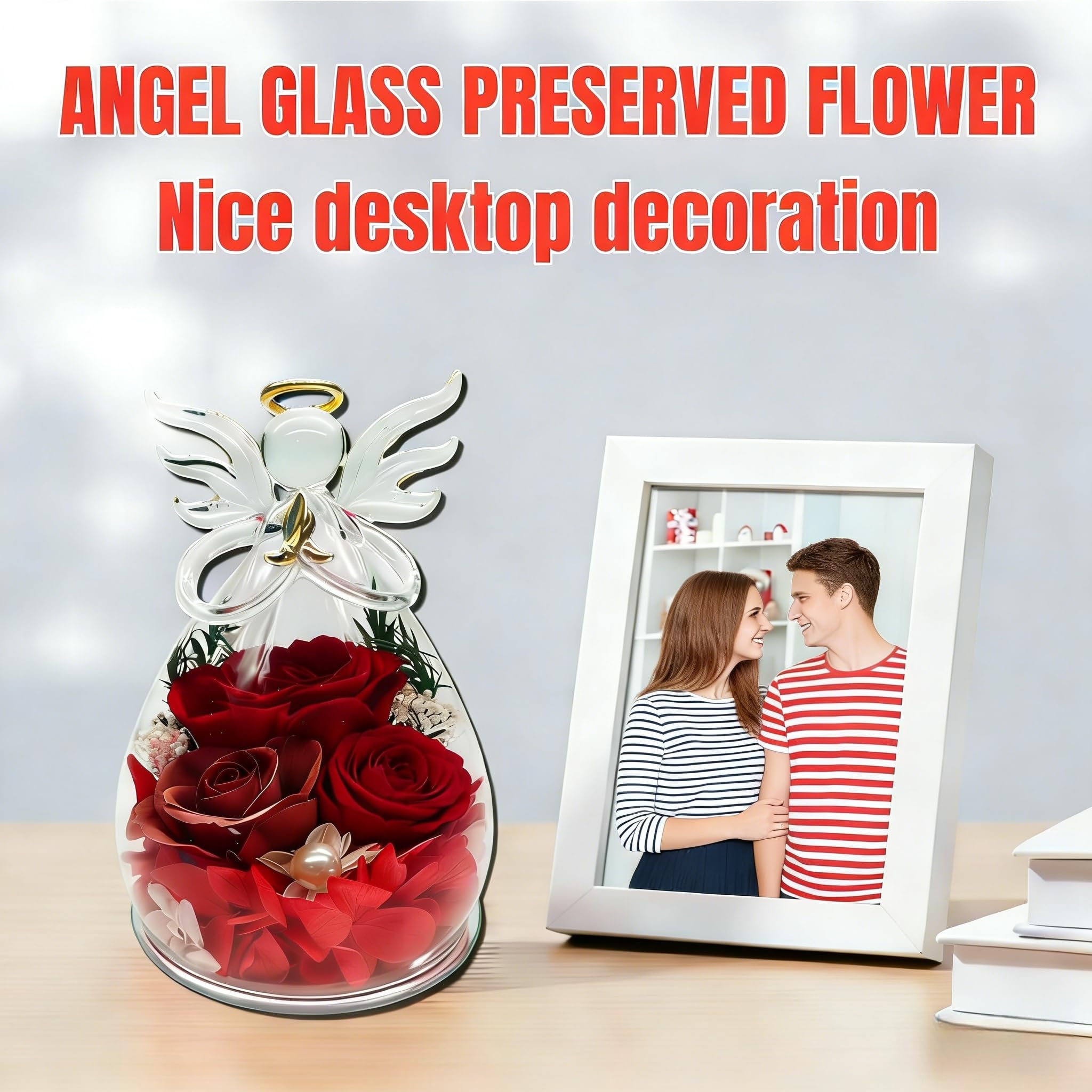 Cupola in vetro a forma di angelo con luce a forma di rosa conservata, 39,4 cm, illuminata a LED, con rose rosa, funzionamento a batteria, decorazione per casa, matrimonio, (rosso)