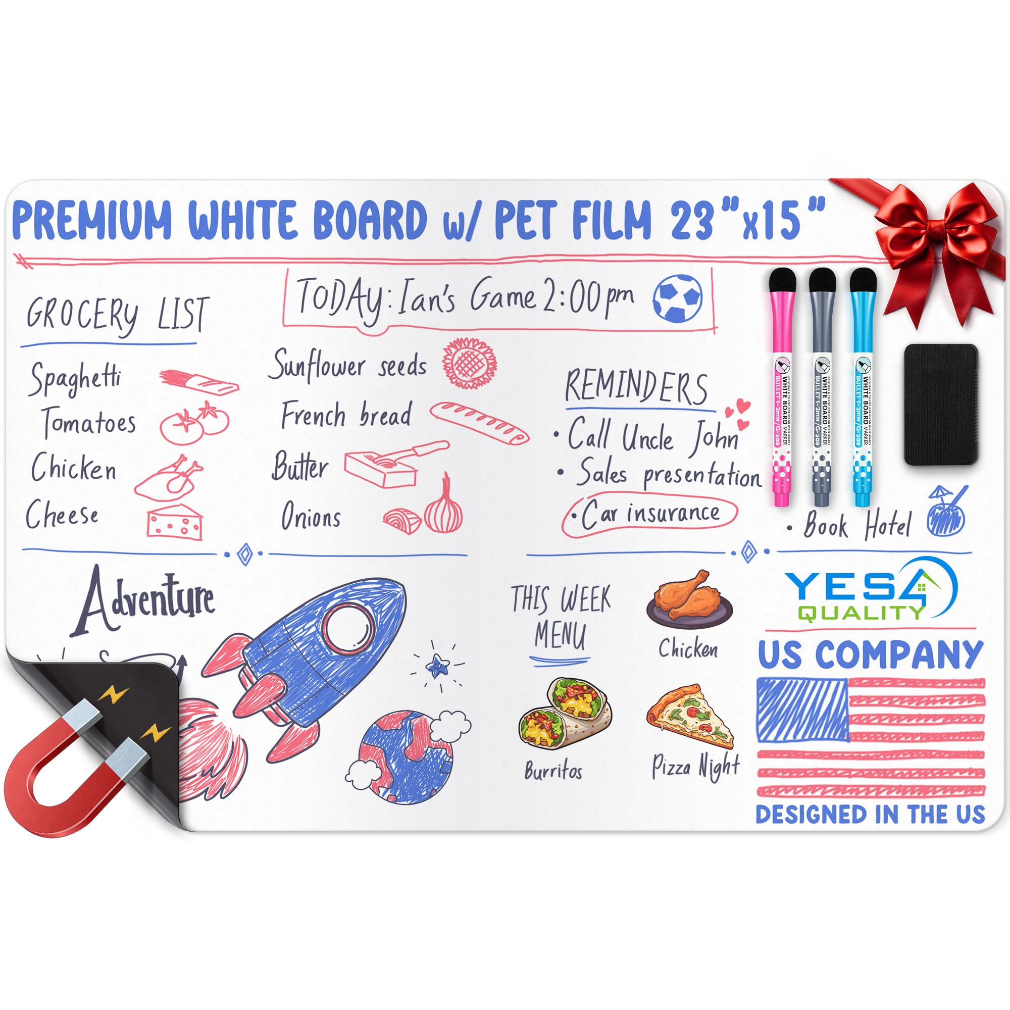 Extra Large Magnetic Dry Erase White Board Sheet for Fridge - 23x15 - Stain Resistant Technology with 3 Markers & Big Eraser with Magnet - Refrigerator Whiteboard Planner Organizer - by Yes4Quality