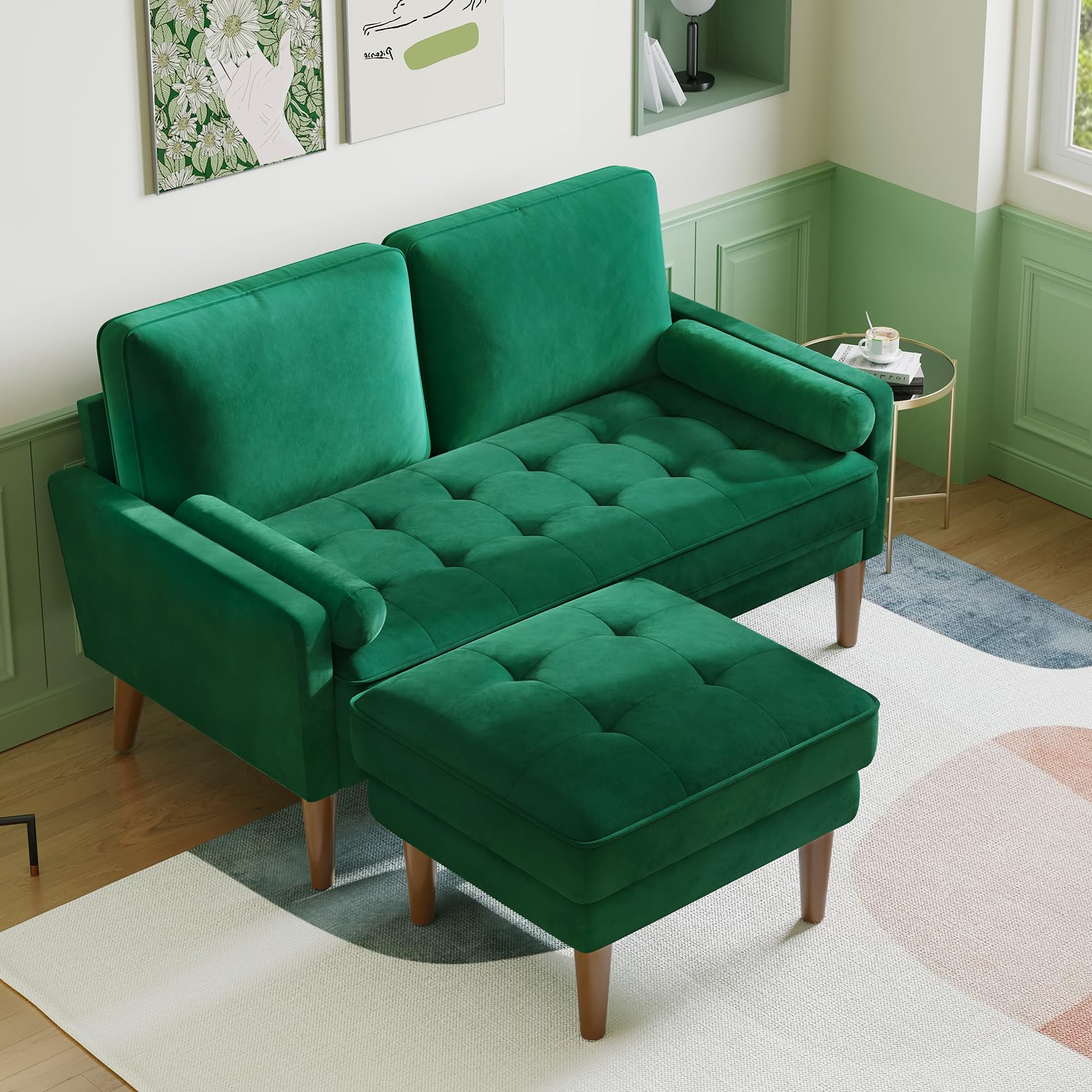 Vesgantti Small 2 Seater Sofa with Ottoman, Comfy Couch with Spring Cushion, Velvet Sofa with Wood Legs, Modern Love Seat Sofa 2 Seater for Living Room, Small Couch for Bedroom, Green Office Couch