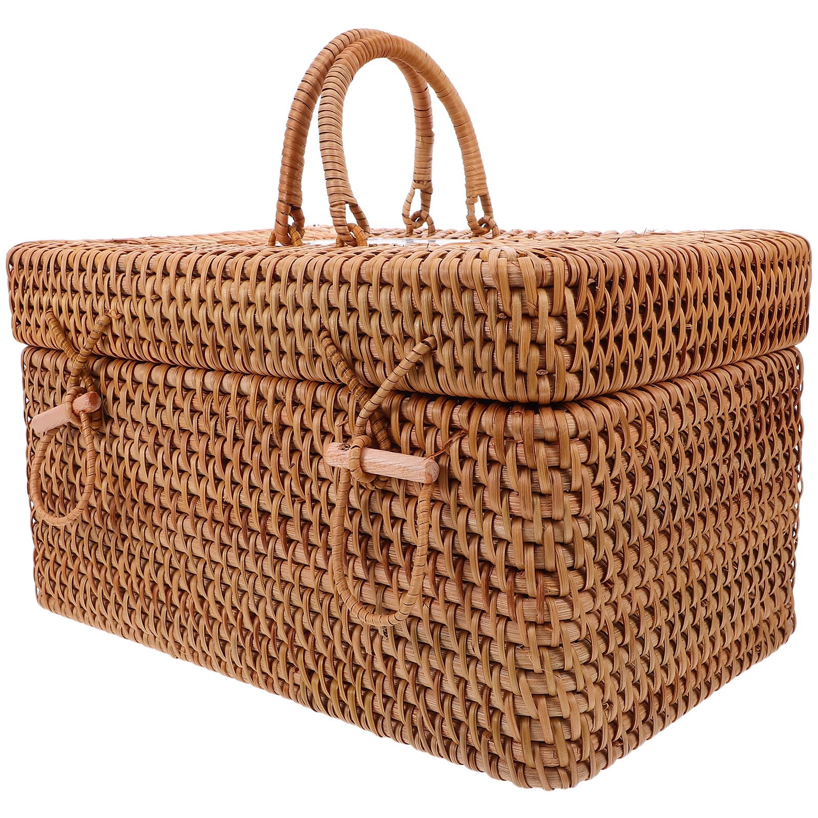 Sewroro Panier de Rangement en Rotin Tressé Rectangulaire 30X20X17 CM avec Poignée Boîte à Collations Résistante pour Pique-Niques et Usage Extérieur Panier Décoratif Bohème pour Fruits