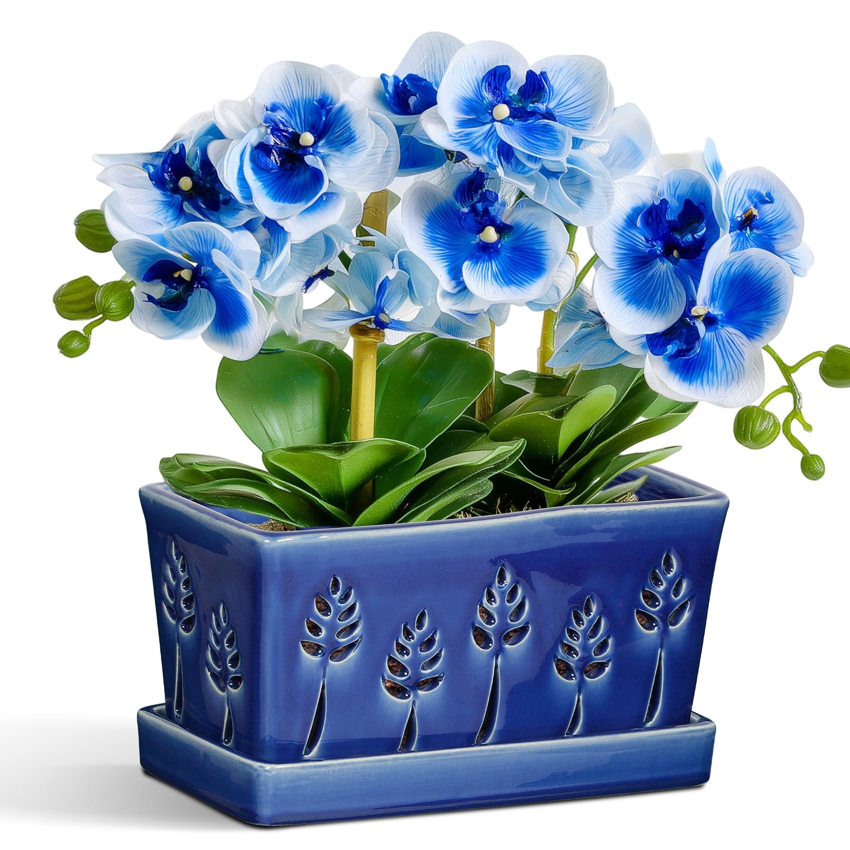 Photo 1 of ***BROKEN, SOLD FOR PARTS*** BUYMAX 10 Inch Rectangle Ceramic Orchid Pots with Holes, Heavy Duty Handmade Ceramic Plant Pot with Drainage and Saucer, Accommodate 2 Orchids, Enhance Good Ventilation - Blue