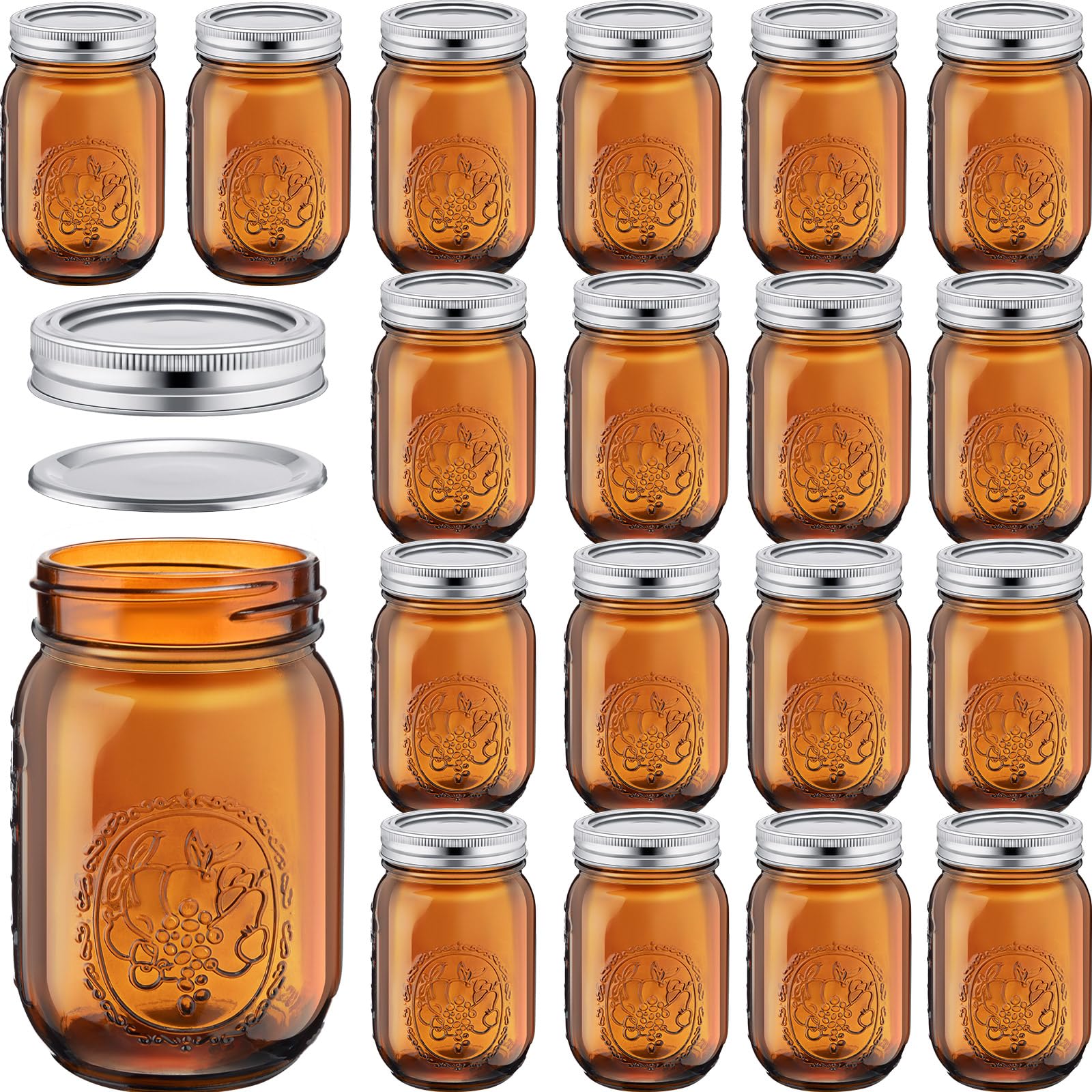 Yaomiao 18 Pcs 16 oz Amber Glass Mason Jars Colored Mason Jars with Regular Mouth and Airtight Lids Canning Jars Pint Mason Jars Jam Jar for Pickle, Overnight Oats, Milk, Yogurt
