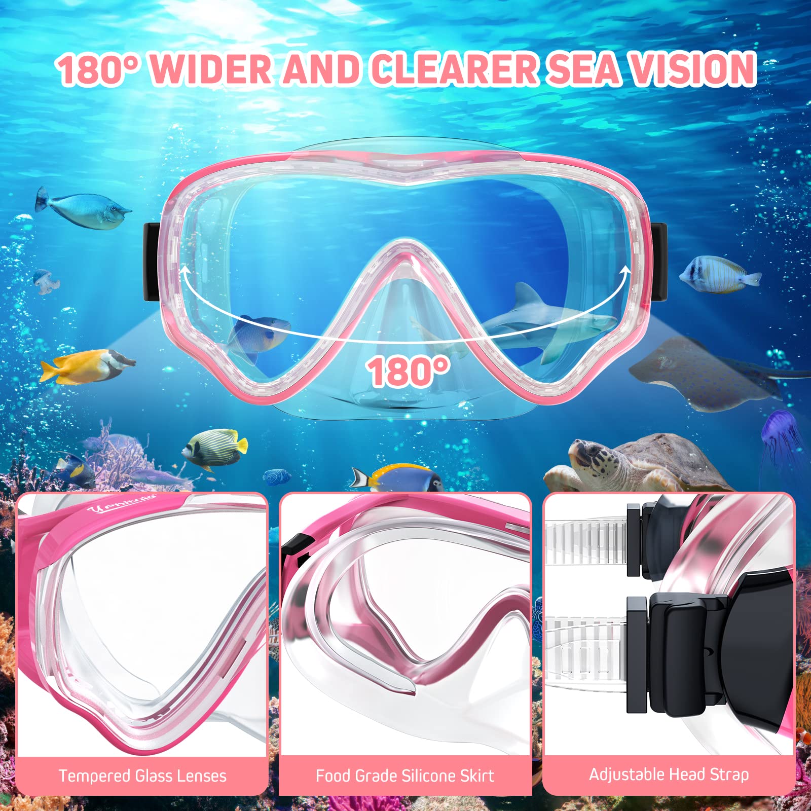 UPhitnis Schnorchelset Kinder mit Flossen,Anti-Fog 180°Panorama Taucherbrille Kinder, Verstellbaren Schwimmflossen und Premium Dry Schnorchel,3 in 1 Schnorcheln Set für Kinder mit Tragetasche