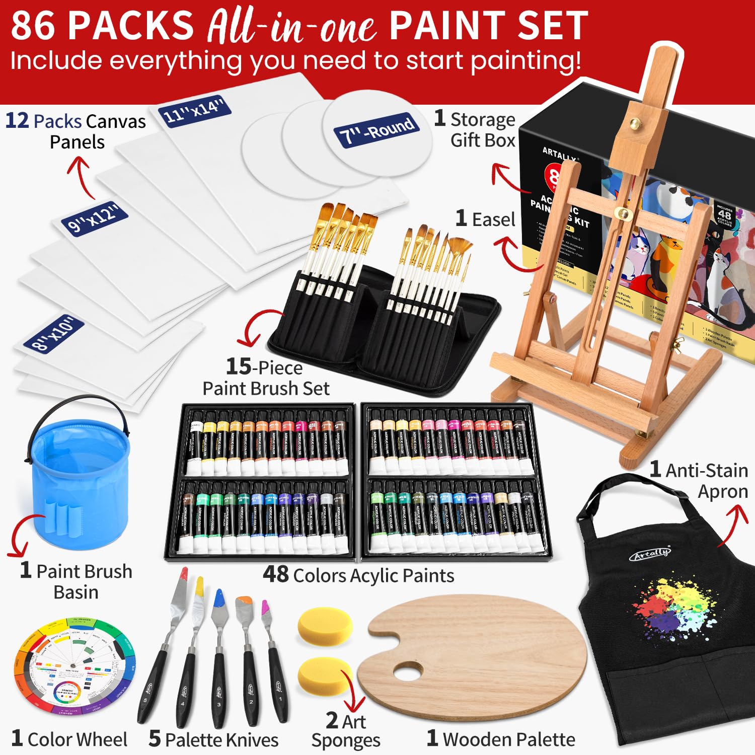 86-teiliges Acryl-Malset mit Tischstaffelei, 48 Farben, Acrylfarben-Set, Pinsel-Set und Etui, Pinselbecken und Kunstschürze, komplettes Kunstbedarf, Malset für Erwachsene, Künstler, Anfänger