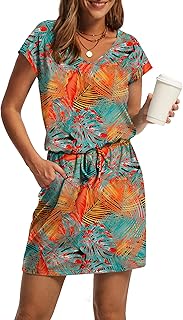 Summer Dresses for Women 2025 V Neck T Shirt Casual Mini Dresses Tie Waist Sundresses with Pockets
