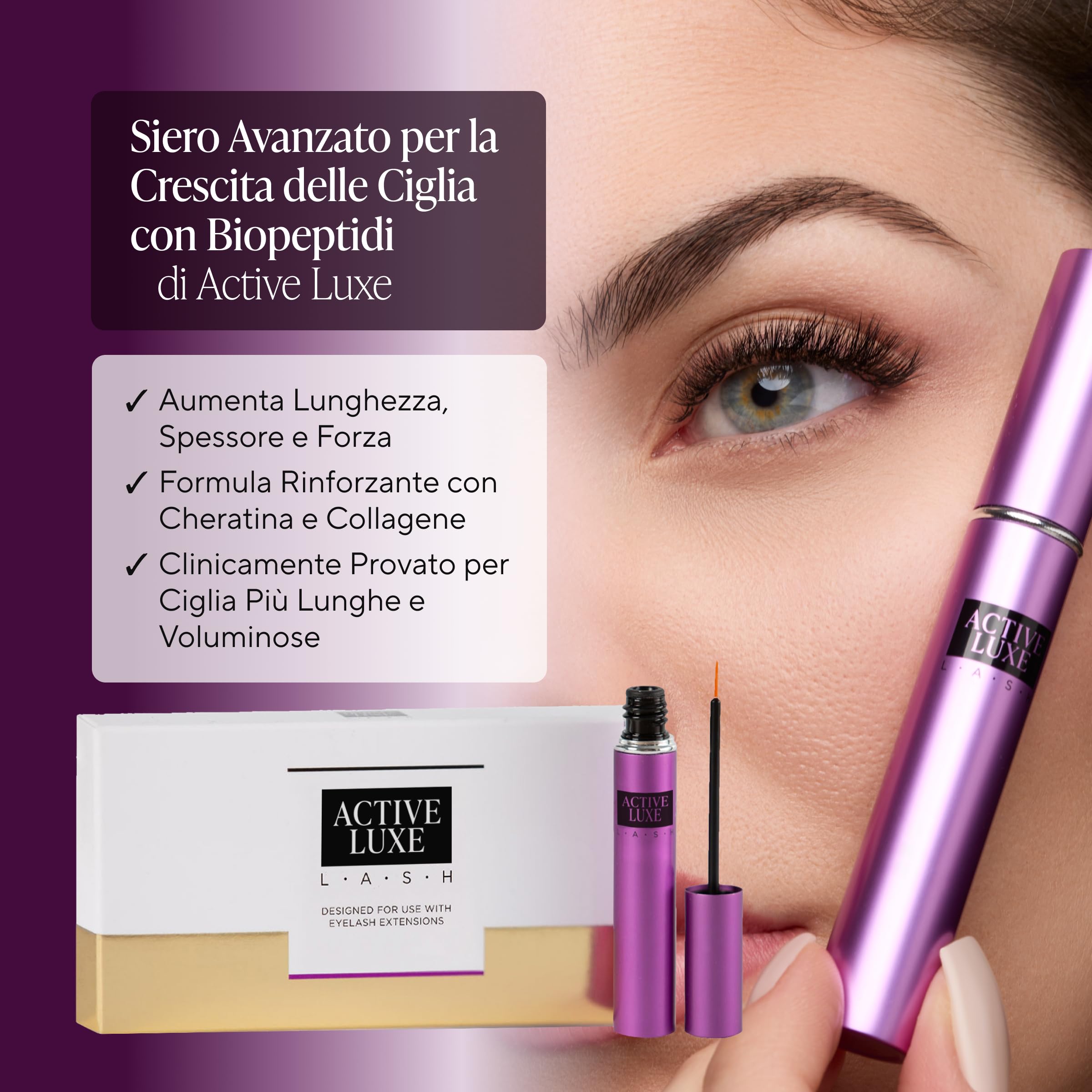Active Luxe Siero Ciglia per Extension - Fluido Curativo per Extension Ciglia & Ciglia Naturali - Siero Ciglia Allungante Senza Ormoni, Vegano & Clinicamente Testato, Crescita Avanzata - 1,5 ml