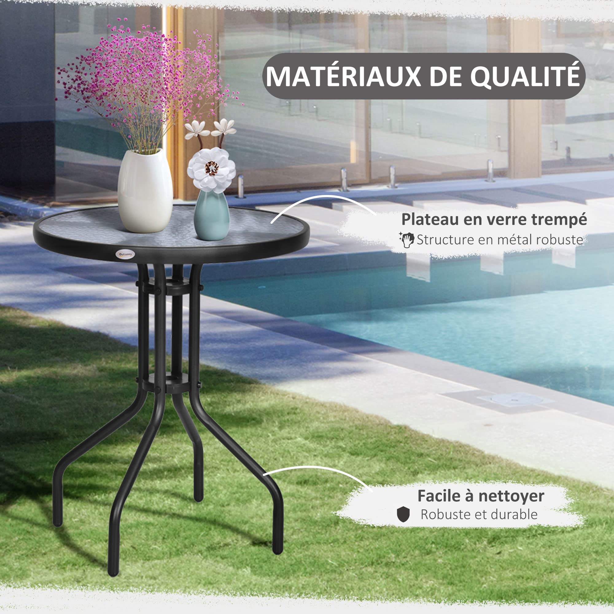 Outsunny Table Ronde Bistro de Jardin Extérieur Ø 60 x 70H cm Noir | Métal Époxy, Anticorrosion, Plateau Verre Trempé