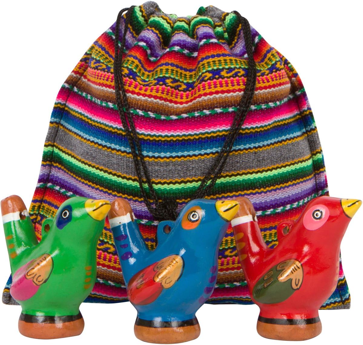 Beautiful Chirping Ceramic Ocarina Whistle Bird - Clay Fired and Hand-Painted in Peru 3-Pack Variety Colors - with Souvenir Carrying Bag