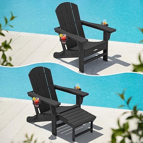 Folding Adjustable Adirondack Chair with Retractable Ottoman, HDPE Recliner Adirondack