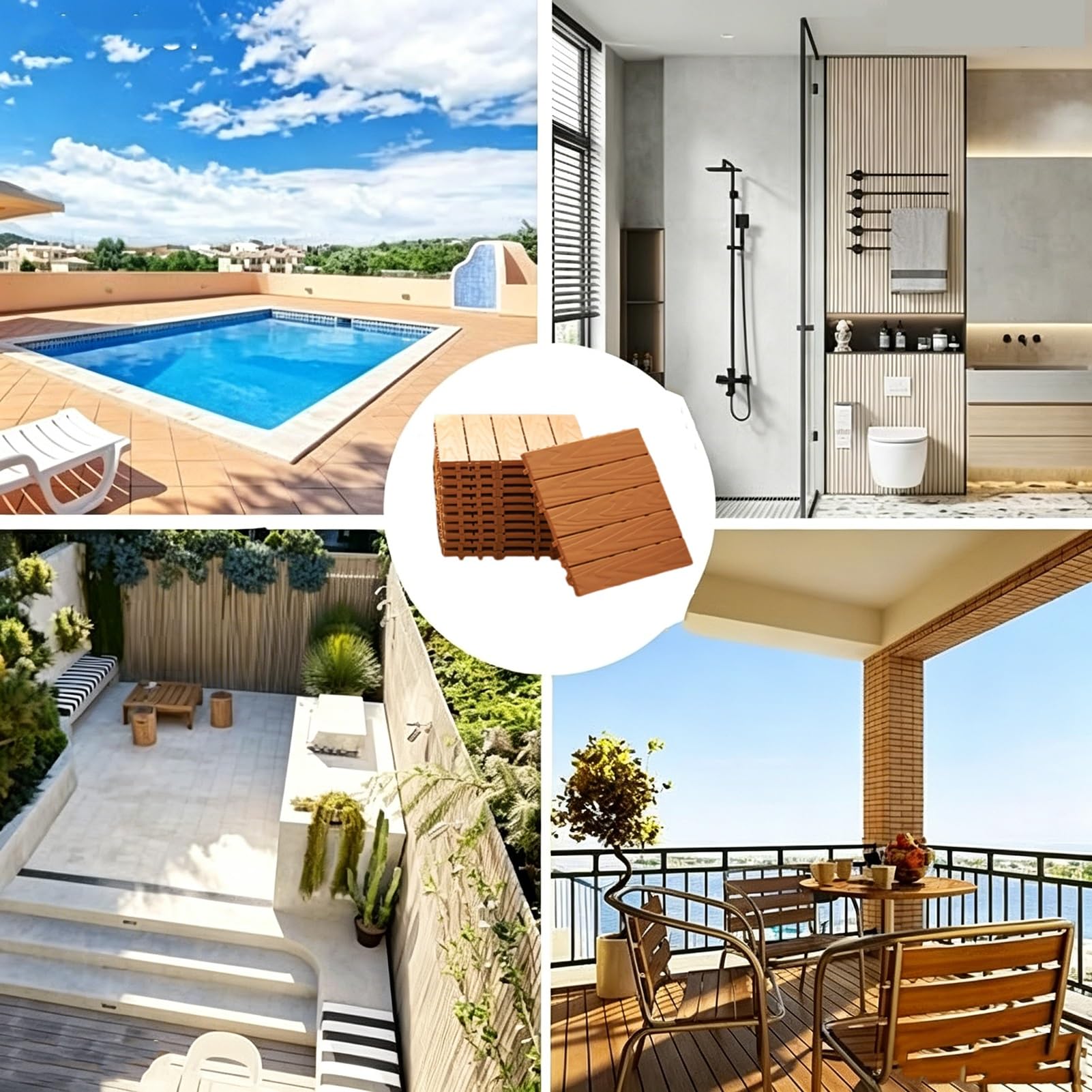 11 Pièces Dalles de Terrasse de Balcon en PVC avec Bois, Caillebotis de Patio Extérieur Imperméable Antidérapant À Clipser pour Porche Piscine, Utilisation par Tous les Temps(Coffee)