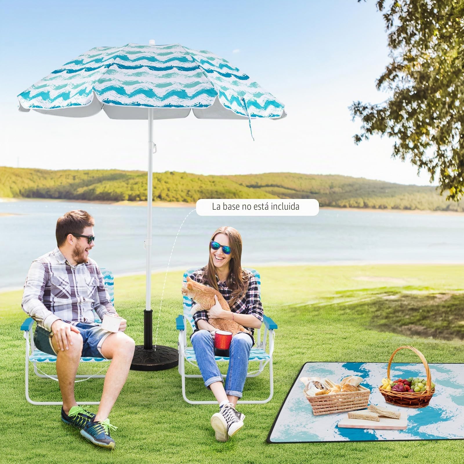 KOMFOTTEU Juego de 2 Sillas de Playa con Sombrilla y Manta de Picnic, Sillas Pórtatiles Plegables con Portavasos, Sombrilla Reclinable a 30 ° con Bolsa de Transporte, para Camping, Pesca (Azul)