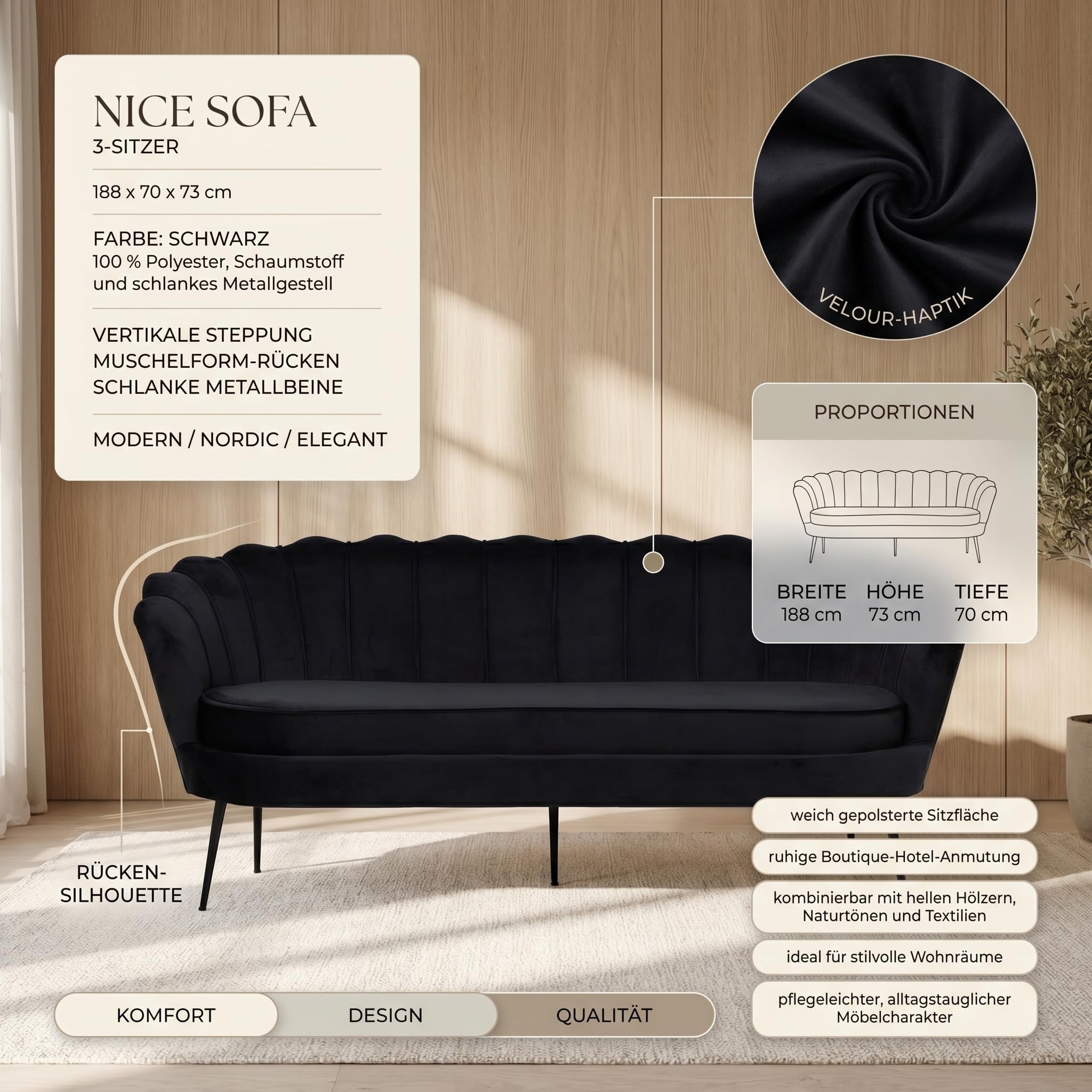 Couch 3 Sitzer - Sofa Nice 3 Personen Velours Schwarz 181x79x78 cm 3er Polstersofa Dreisitzer Wohnzimmersofa modern skandinavisch Stoffsofa Loungesofa Wohnzimmermöbel Sitzcouch Sitzmöbel