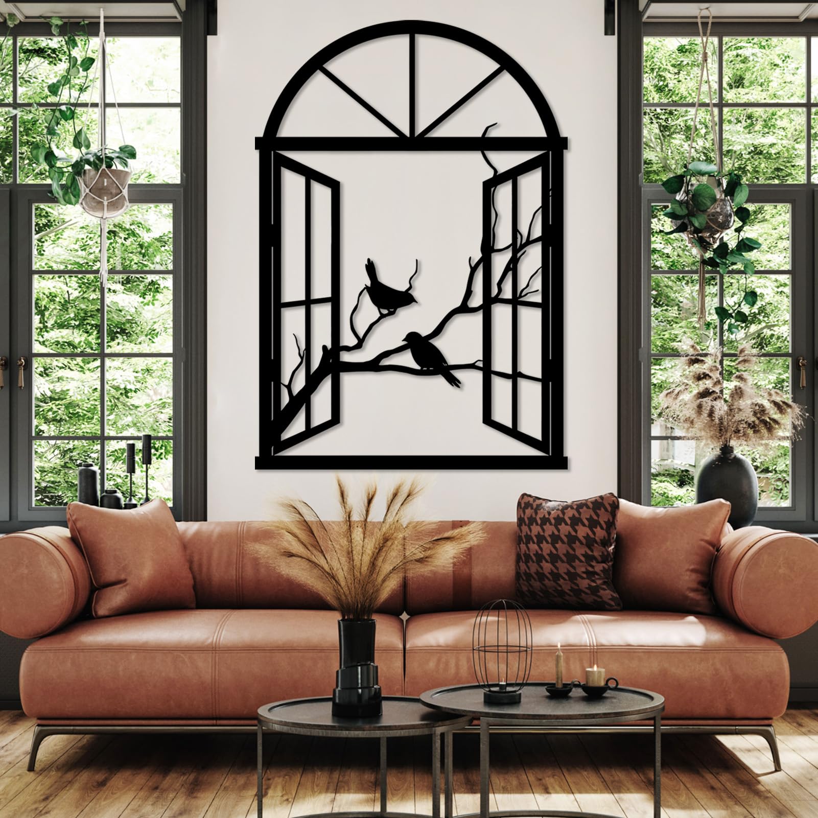 Decorazione murale in Metallo con Uccelli Neri su Ramo, Arco Decorativo Rustico in Metallo per Finestra, Scultura Moderna con Uccelli per Soggiorno, Camera da Letto, corridoio (Bianco 89 cm