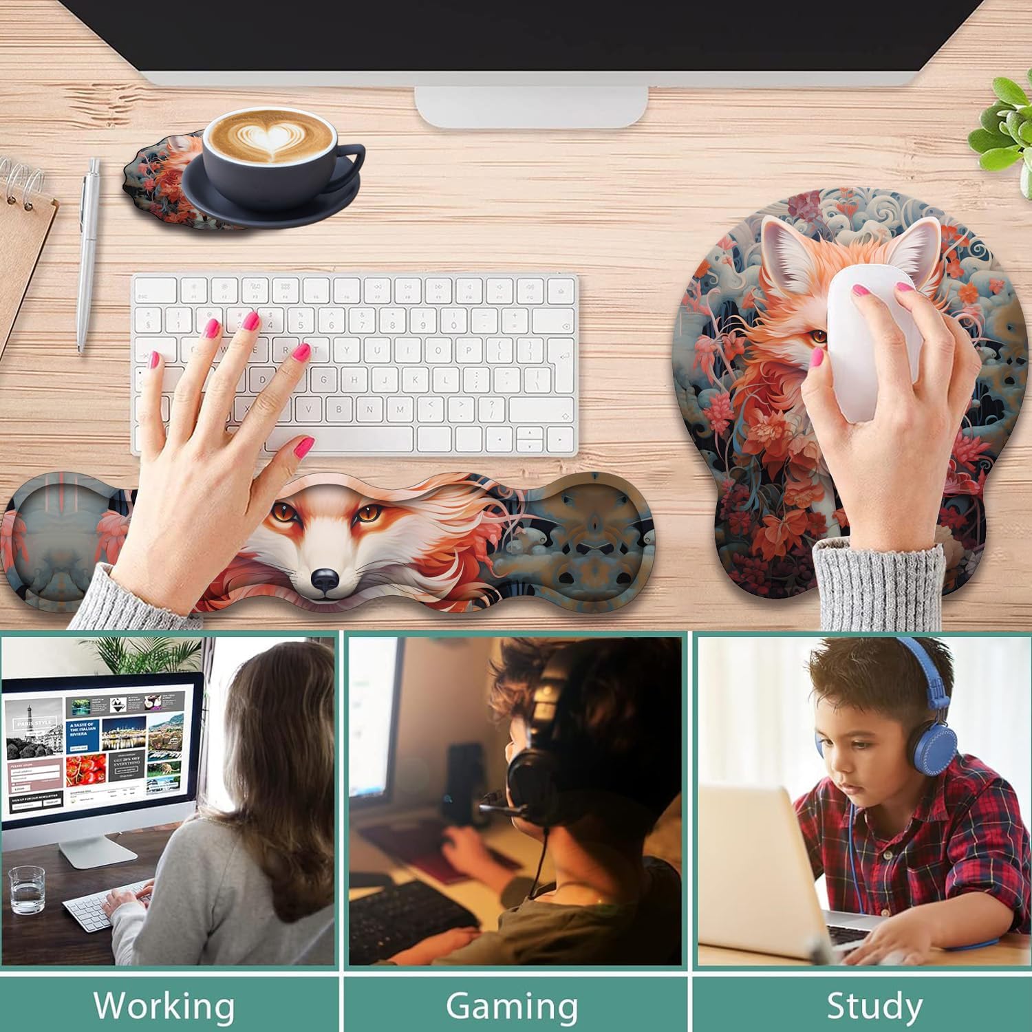 Ergonomic Keyboard Wrist Support Pad and Wrist Support Mouse Pad, Anti-Slip with Gel Memory Mouse Pad Set, Suitable for Office Use/Home Use - Fox