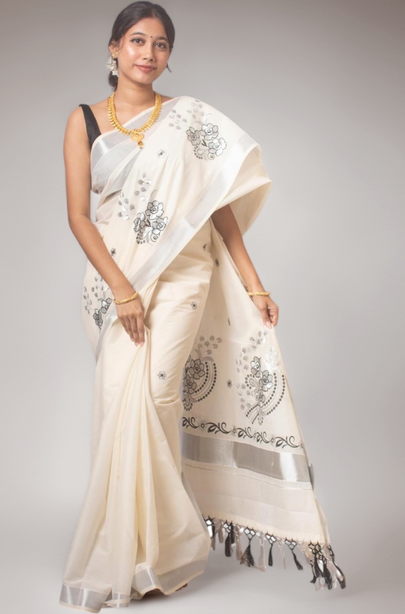 Women's Kerala Kasavu Embroidry Cotton Saree With Running Blouse Piece (embroidry flower Design)(Saree 5.5 meter, Blouse 0.8 meter), White