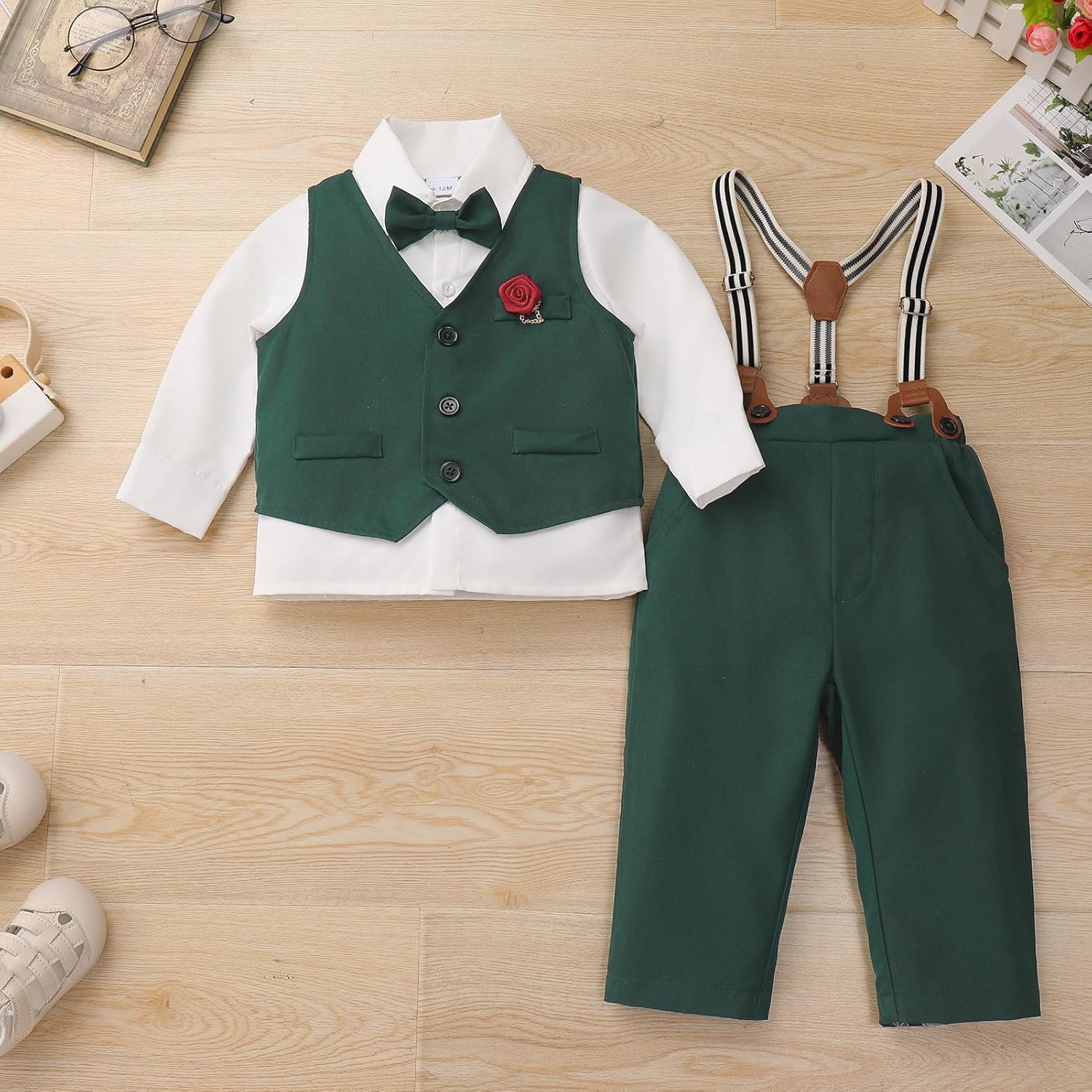 IBTOM CASTLE Baby Boy Suit Formal Dress Shirt+Bowtie+Vest+Suspender Pants Gentleman Set Toddler Wedding Outfit