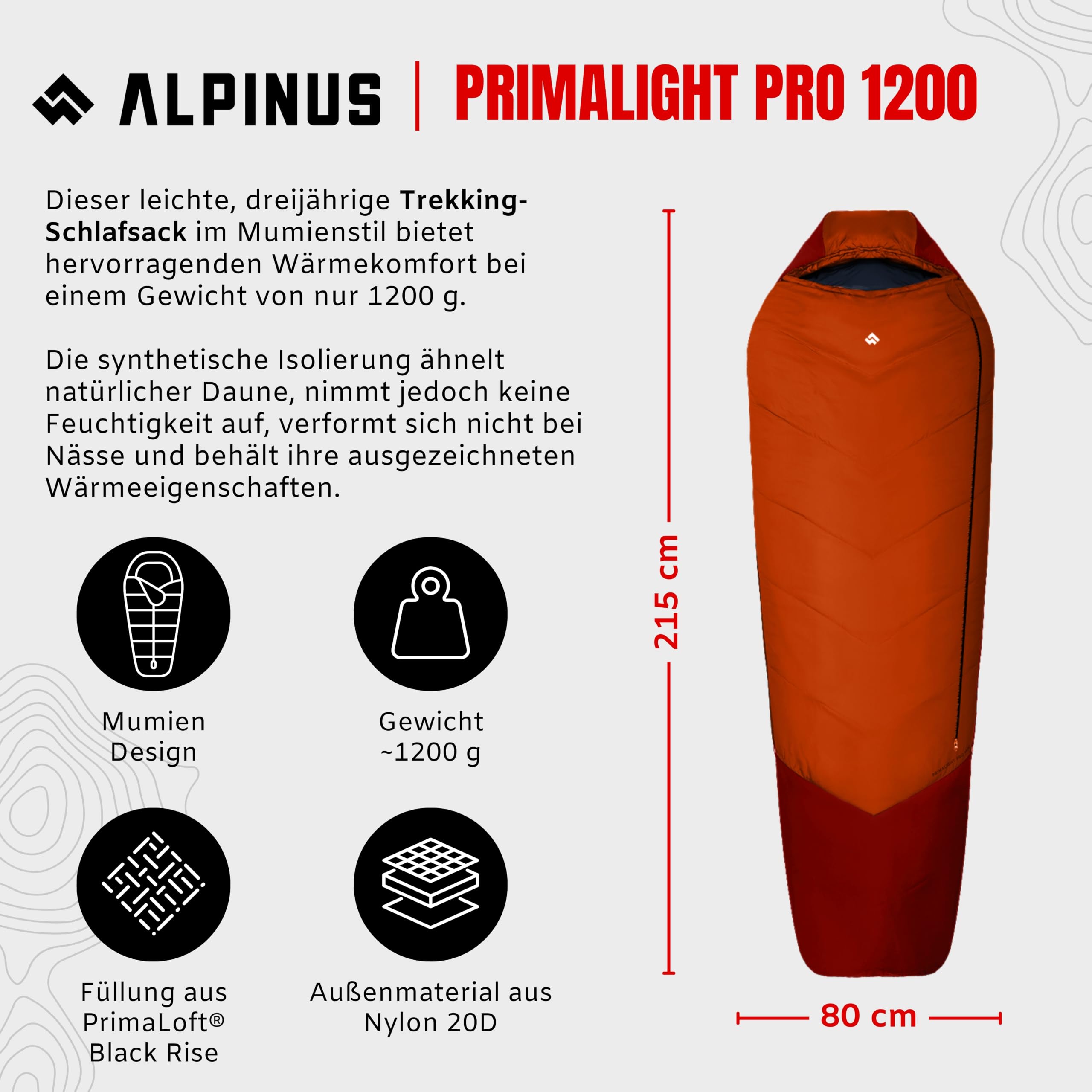 Alpinus - Śpiwór Turystyczny Primalight Pro 1200, Lekki Śpiwór Typu Mumia 215 x 80 cm, z Dwuwarstwową Izolacją, Kempingowy, Pokrowiec z Możliwością Kompresji