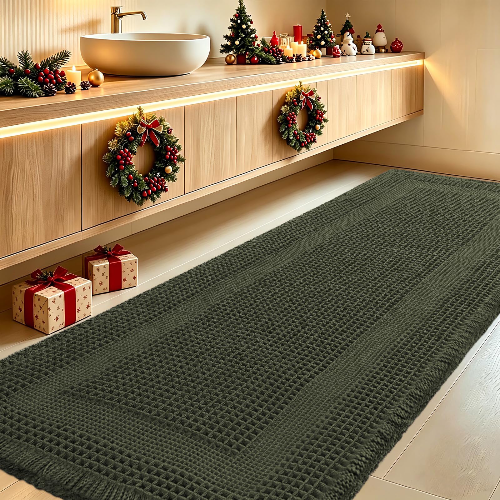 Extra Large Waffle Bath Mat, Boho Woven Modern Bath Rug Absorbent Non Slip, Ultra Soft Bathroom Mats, Machine Washable Knit Bath Rugs with Tassels for Bathroom, Bedroom, Kitchen, 6'x2', Dark Green