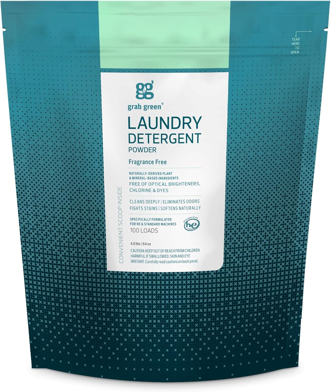 Grab Green 3-in-1 Laundry Detergent Powder, 4lbs -100 Loads, Fragrance Free, Plant and Mineral Based, Superior Cleaning Power, Stain Remover, Brightens Clothes : Health & Household