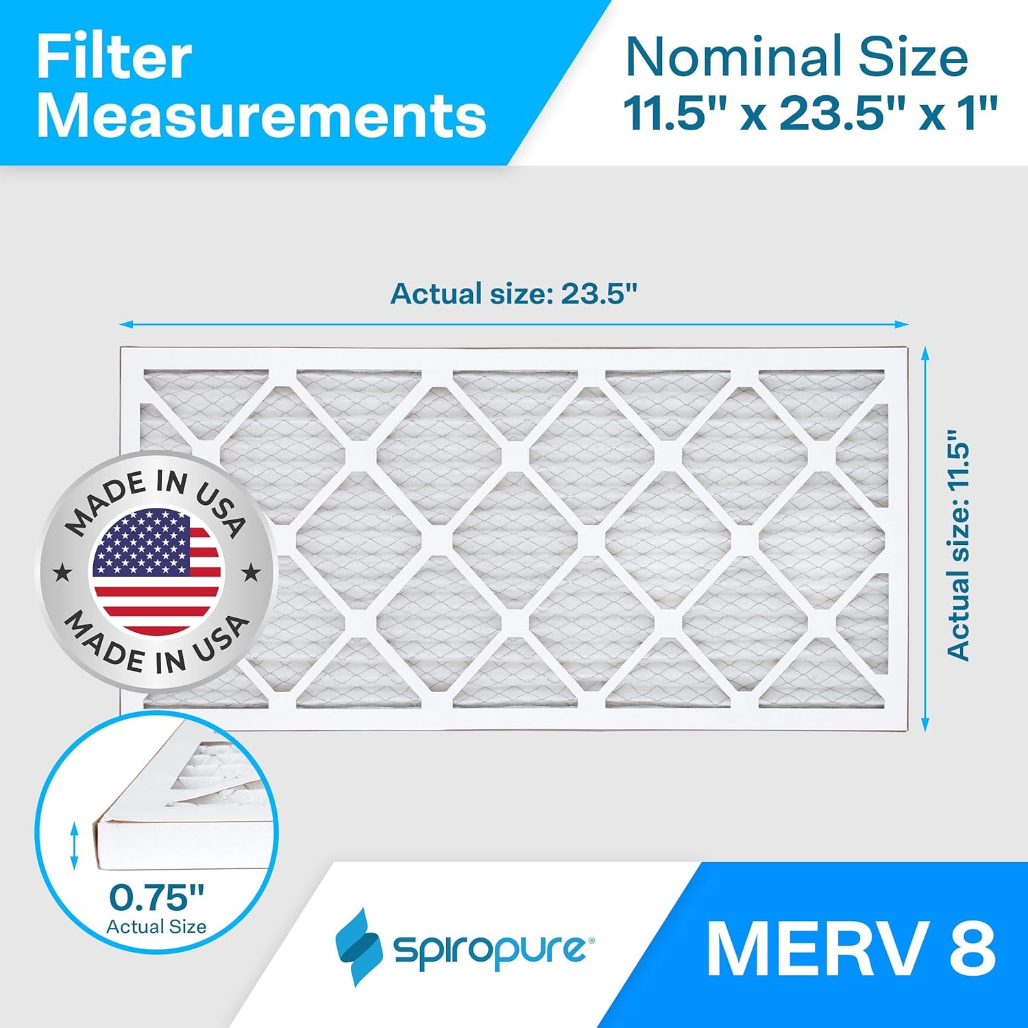 SpiroPure 11.5X23.5X1 MERV 8 Geothermal Air Filters - Made in USA (6 Pack)