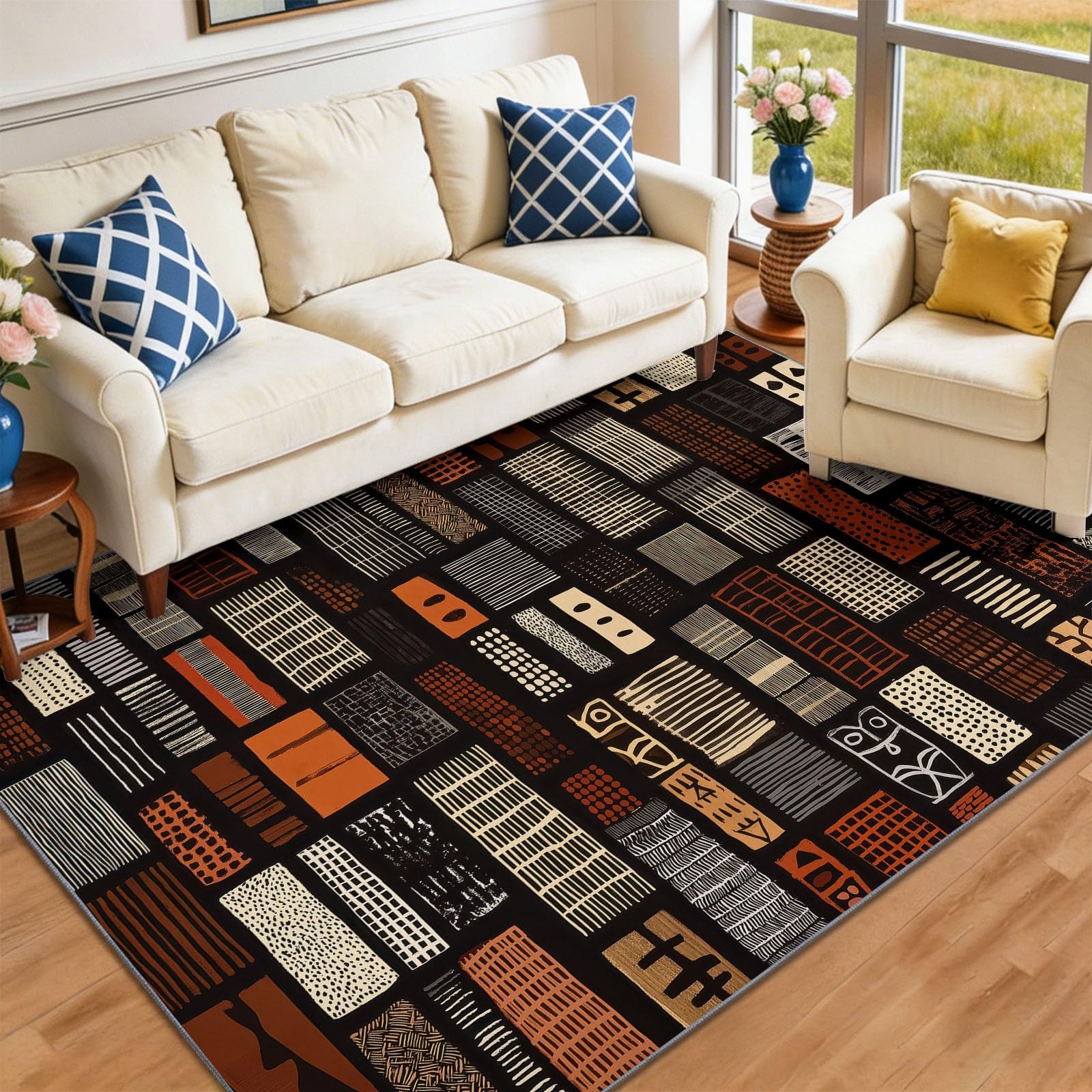 Grande tappeto etnico africano per soggiorno, 160 x 230 cm, lavabile, antiscivolo, a pelo corto, tribale, geometrico, patchwork, quadrato, leggero, resistente, per soggiorno, camera da letto, ufficio