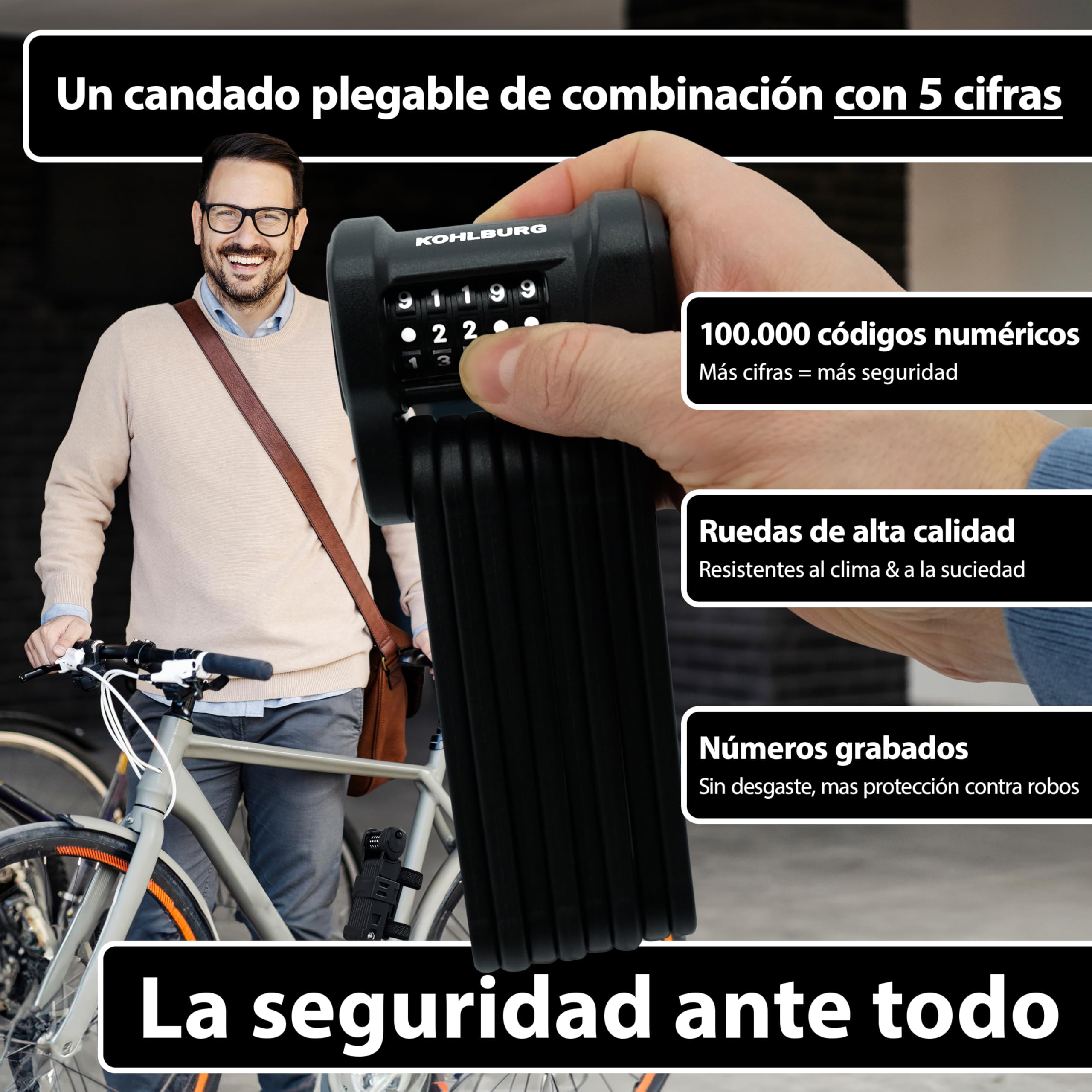 KOHLBURG Candado de bicicleta de combinación con código | 101 cm de largo | Repele cortapernos, código de 5 cifras, candado plegable con soporte, alta seguridad, para bicicleta, scooter y e-bike