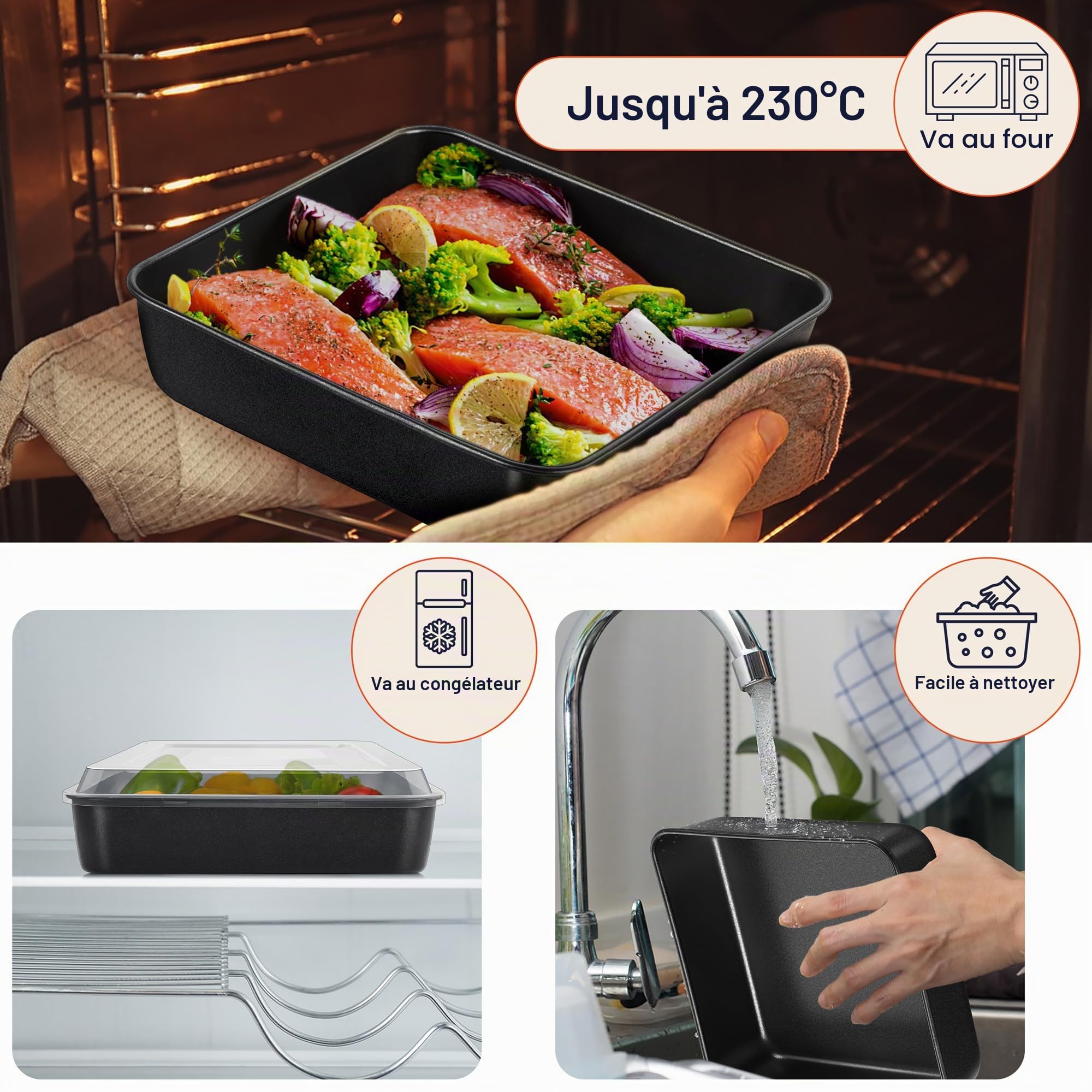 Joyfair Moule à gâteau carré de 20 cm en acier inoxydable anti-adhésif avec couvercle, idéal pour rôtir et stocker des brownies, lasagnes, fruits et restes, facile à démouler et à nettoyer, noir