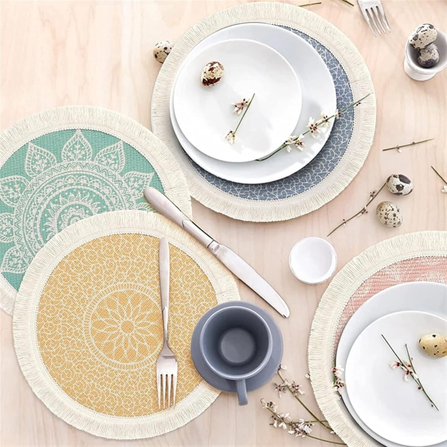 Table Mats Boho Cotton Woven Mandala Tassels Heat Proof Washable Circle Place Mat for Kitchen Dining Wedding Farmhouse(Boho 06,R33cm 6pcs)