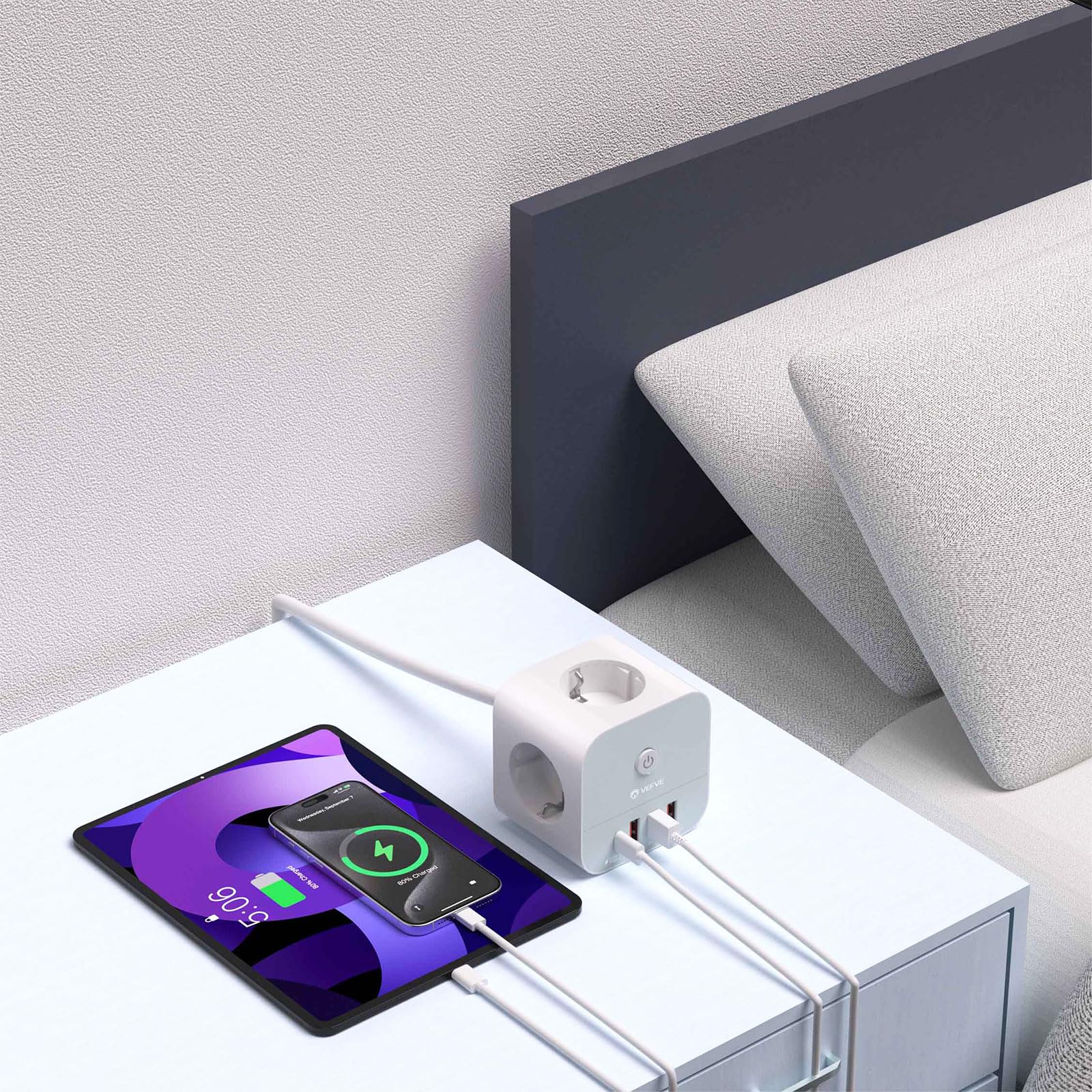 VEFVE Ciabatta con cavo, 7 in 1 cubo, presa multipla con USB C 20 W, 3 prese, 1 USB-C e 3 USB-A, 3680 W con interruttore, cavo di prolunga da 5 m