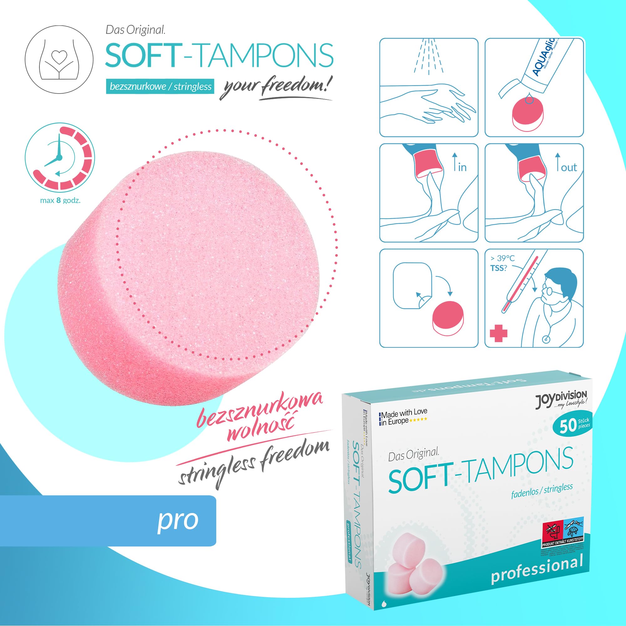 JOYDIVISION Soft-Tampons professional I 50 szt I Tampony bez sznurka do sportu, pływania i Spa I Gąbeczka menstruacyjna ultra soft I Łatwe wprowadzanie i usuwanie I Miękki tampon bez sznurka