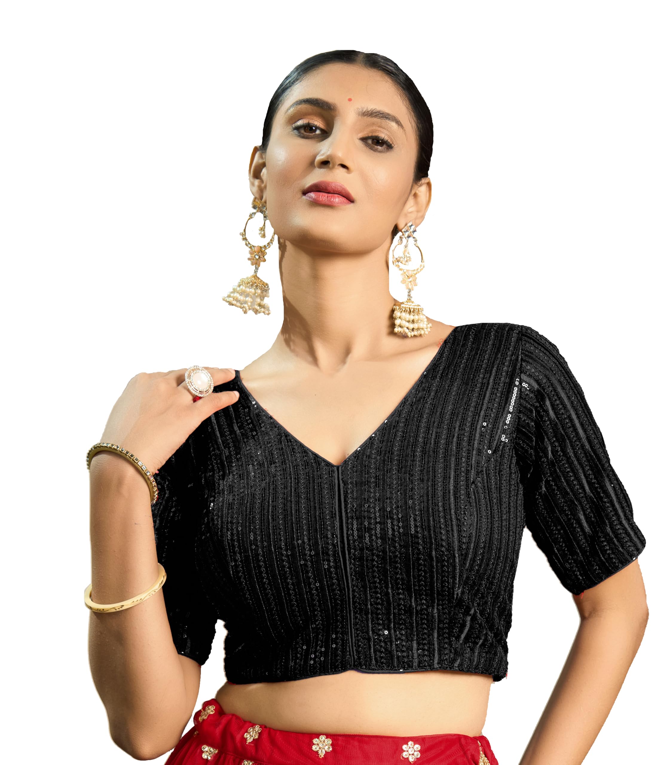 Vihu Fashion Women's Indian Ethnic Wear Designer Silver Sequence With Matching Embroidered Work V Neck Half Sleeve Readymade Padded Saree Blouse Readymade Unique Black Color Saree Blouse
