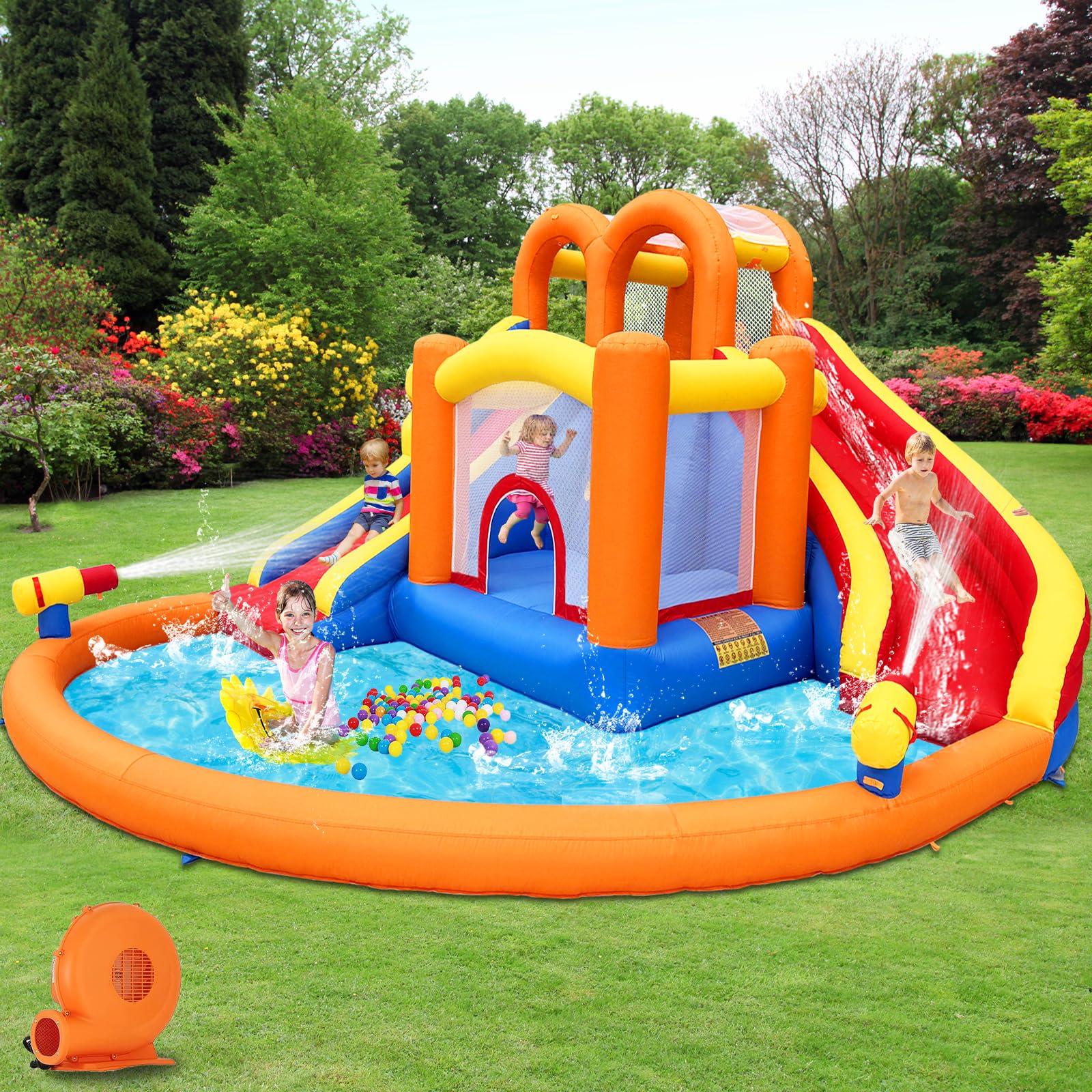 Umbalir 14.2x12.8FT Inflatable Water Park, Giant Slide Bounce House With 2 Long Slides, Thrilling Climbs, Trampoline and Big Splash Pool - 650W Air Blower Included