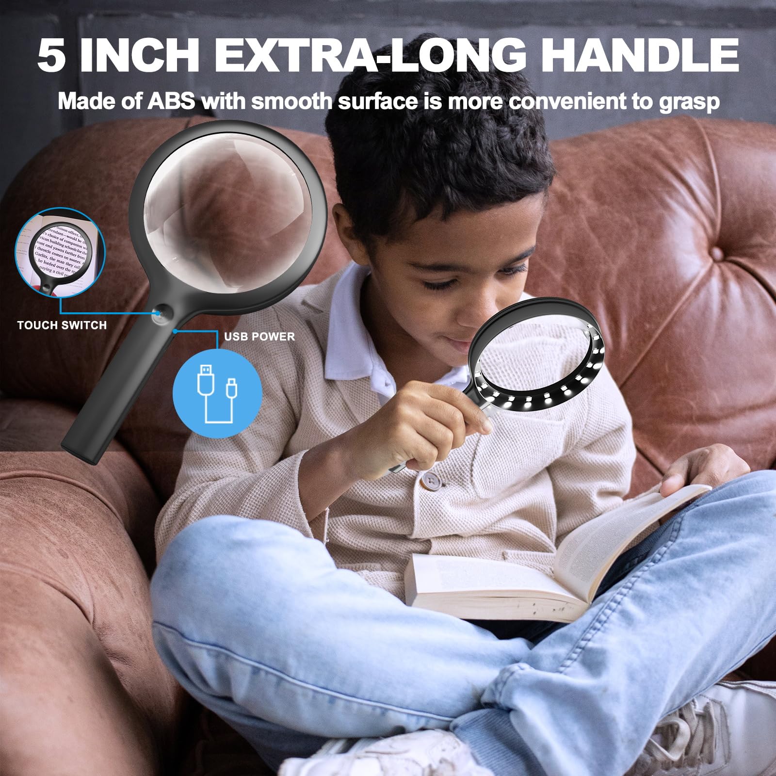 Lupa de Mano de 30 aumentos con luz, Lupa de Mano Grande de 4.33 Pulgadas, 20 Luces LED de luz Diurna iluminadas, Lupa iluminada de Tercer Engranaje para Lectura de Monedas Mayores, Color