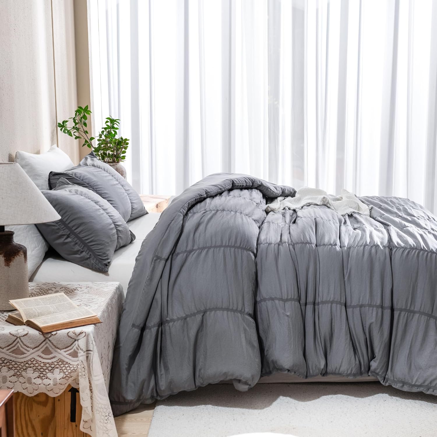 Andency Dark Grey Comforter King (104x90 inches), 3 Pieces Soft Microfiber Lightweight Gray Seersucker Comforter with 2 Pillowcases, All Season Striped Textured Bedding Comforter Set