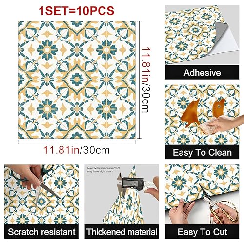 Miniatura 3 de 10 azulejos de suelo retro de 12 x 12 pulgadas, color amarillo y verde azulado con flores repetitivas, despegar y pegar, autoadhesivas,