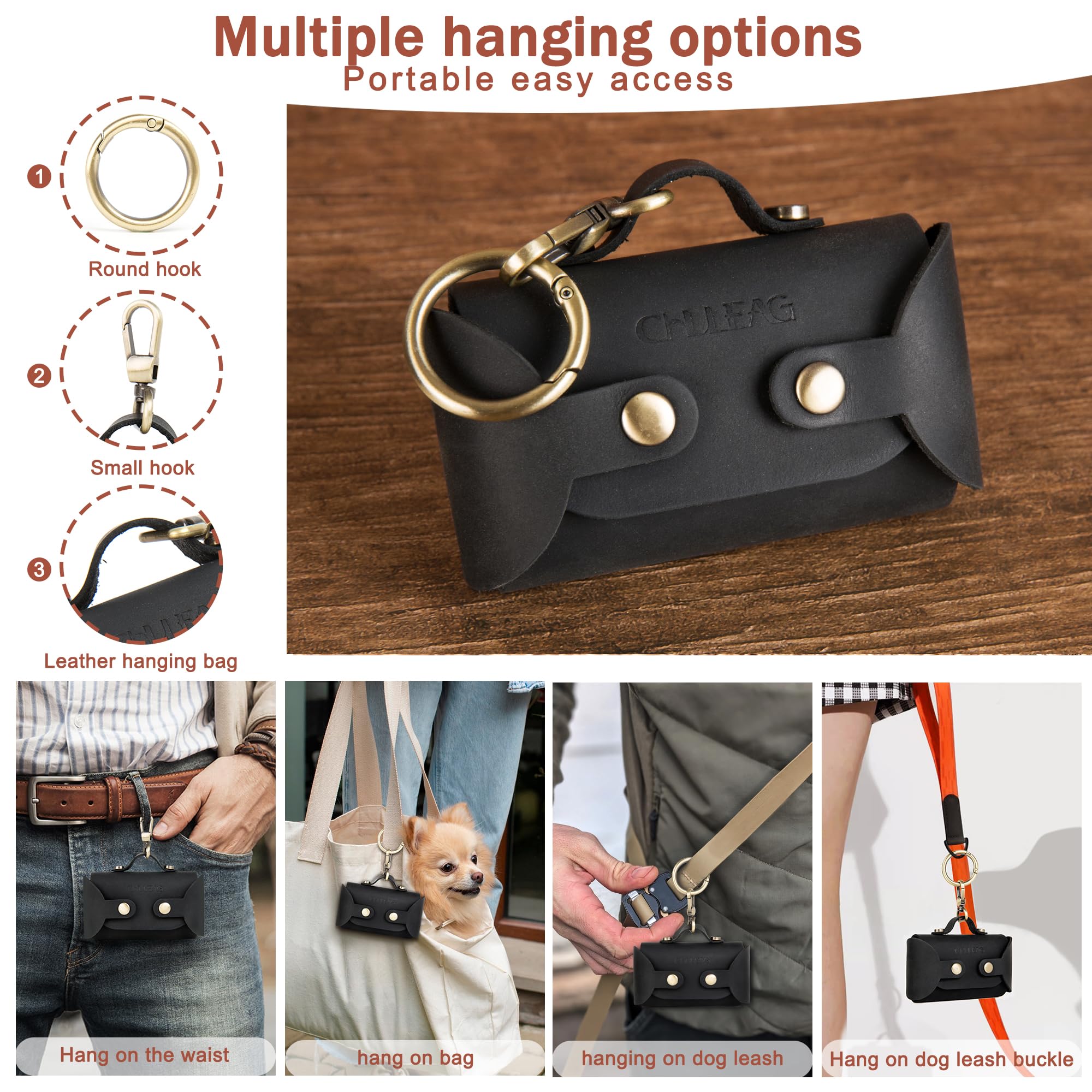 Dispensador de bolsas de piel para excrementos de perro hecho a mano con accesorio para cinturón, duradero, elegante soporte para bolsas de basura para perros, paseadores de perros, clip de