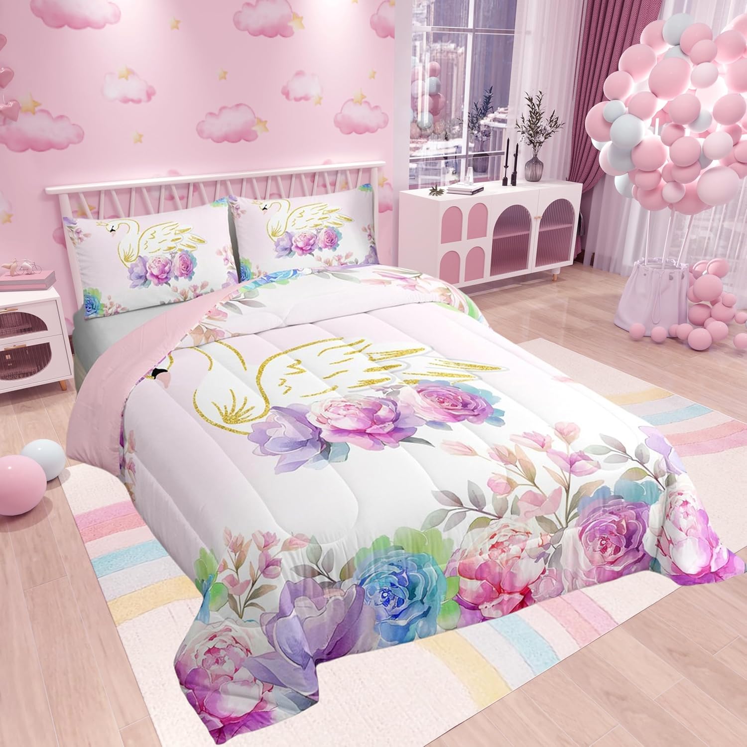Dreamy Swan Crown Boys Girls Comforter Set,Fairy Tale Floral Duvet Set for Room Decor,Pink Girly Flowers Brushed Microfiber Soft Quilt Cover,Full