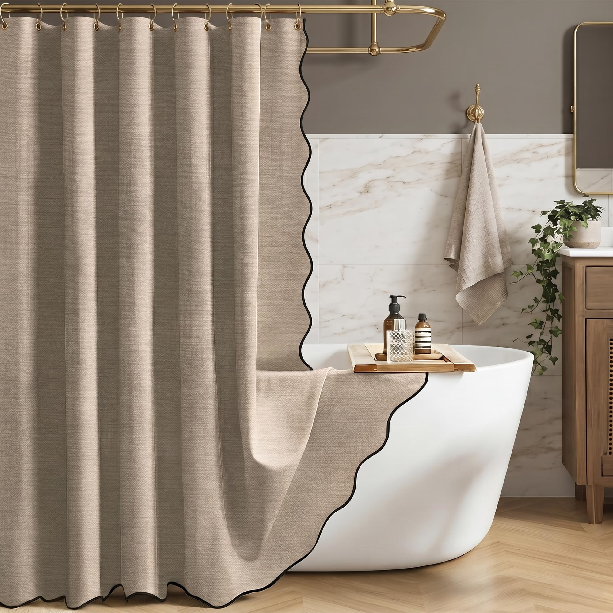 Bingobang Shower Curtain Scalloped Linen Waterproof Anti Mould, Khaki
