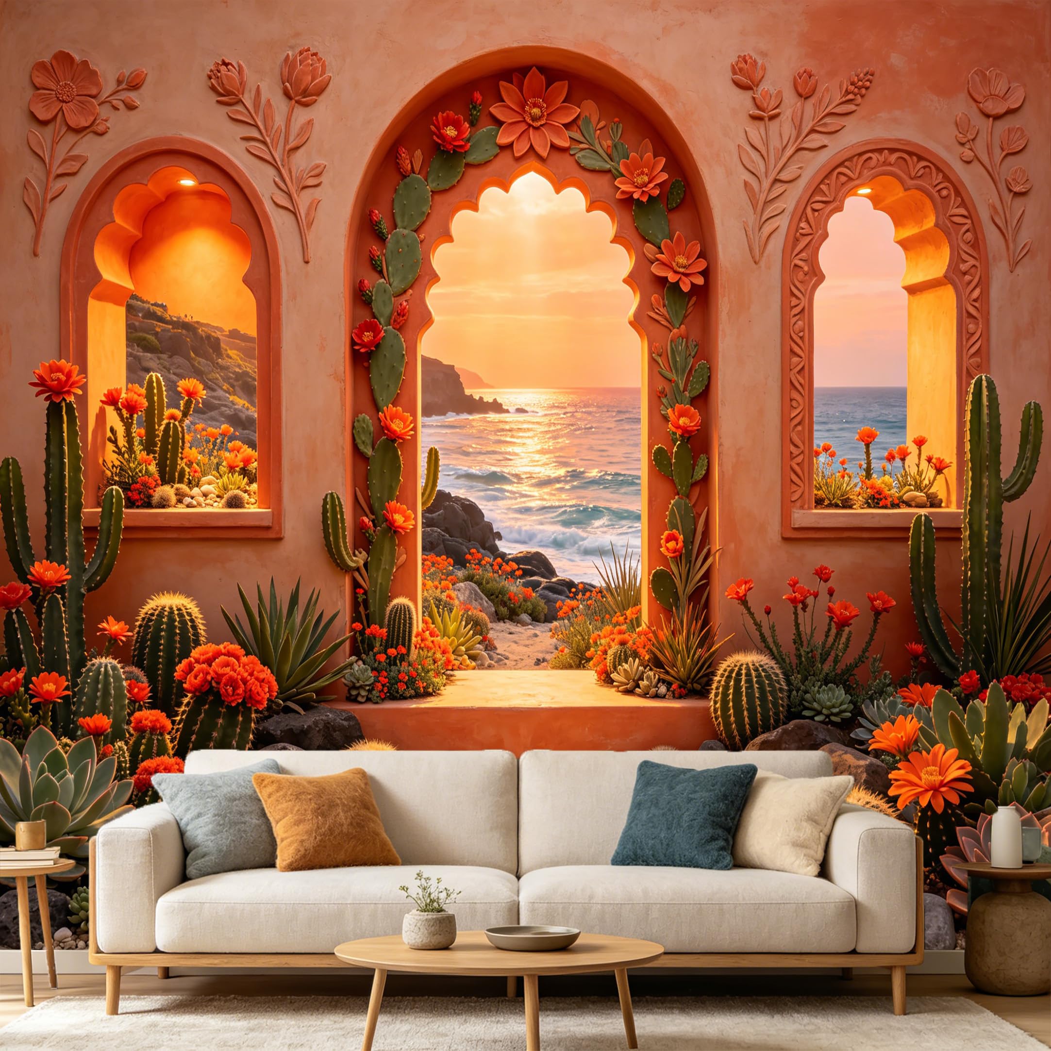 Custom Size Wall Mural， 3D Coastal Desert Arch Sunset Cactus Ocean Scenery， SelfAdhesive Art Prints wall Fabric Removable Large Wallpaper Home Living Room Decor