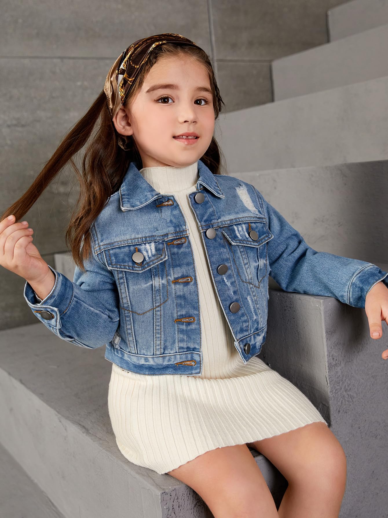 Floerns Chaqueta vaquera básica vintage de manga larga con botonadura simple para niña