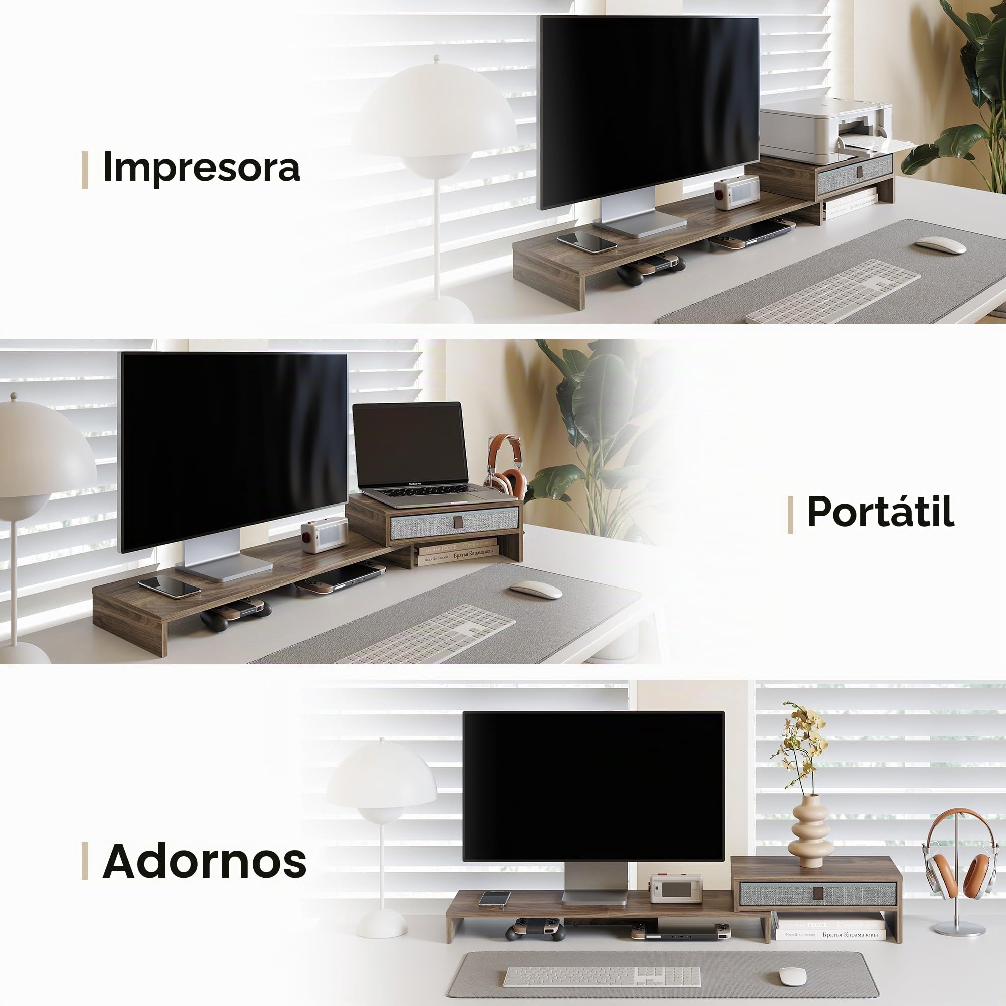 Fenge Elevador Doble De Monitor con Cajón, Largo Y Ángulo Regulables Marrón | Dos Alturas Fijas, Ideal para Usar Monitor y Portátil Simultáneamente